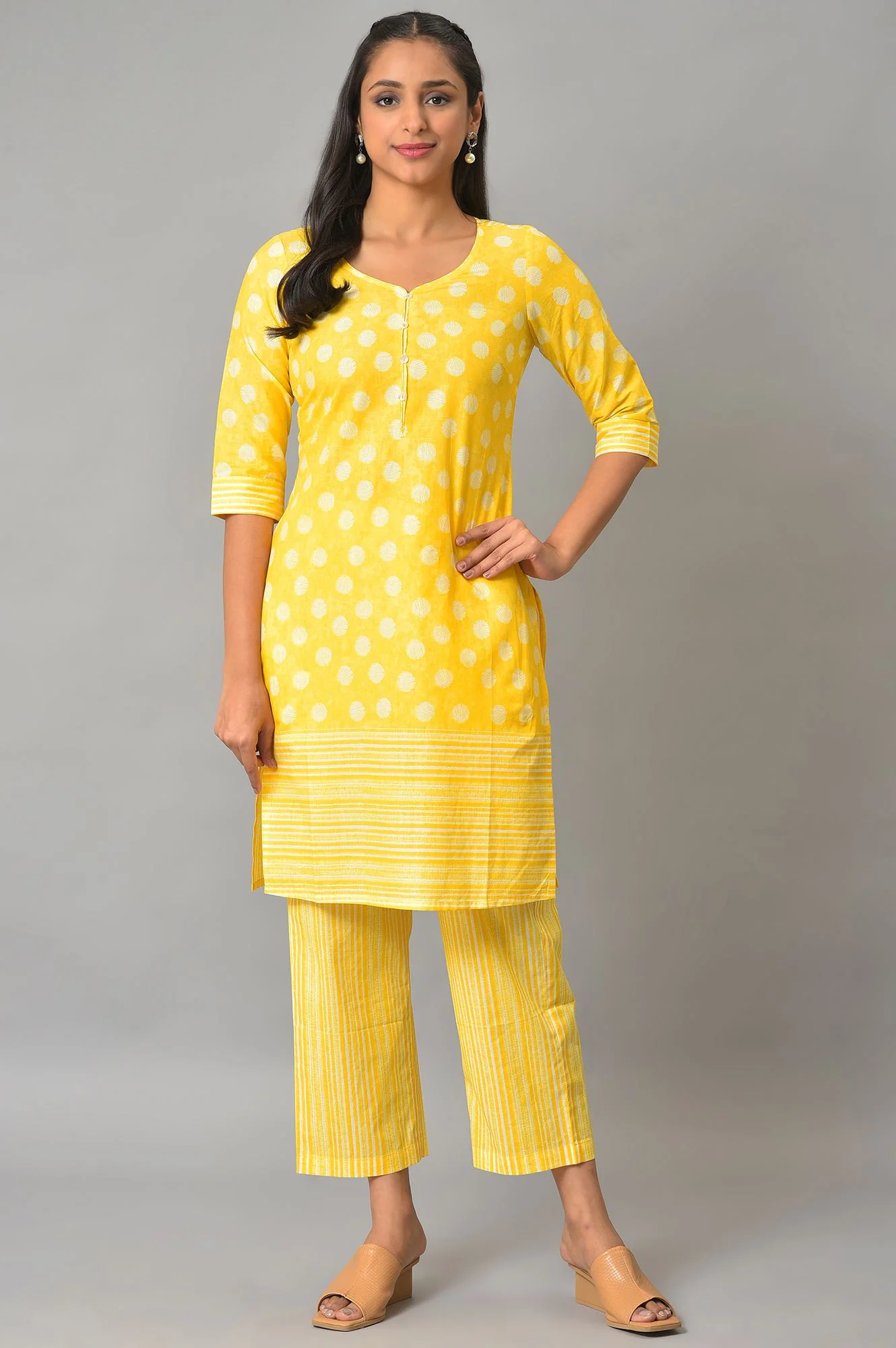 Yellow Polka Dots Printed Cotton kurta With Narrow Palaza - Image 8