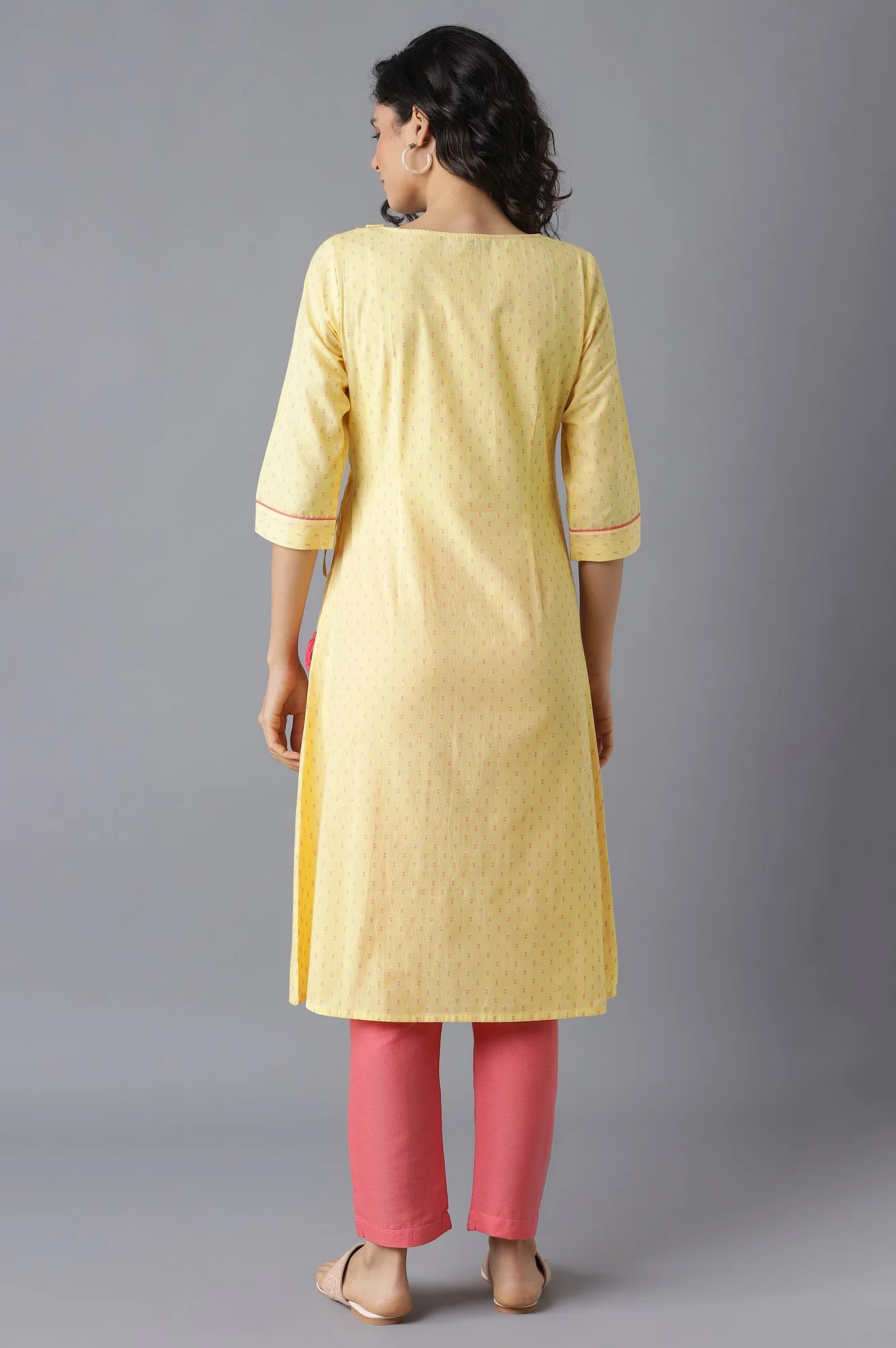 Yellow Printed A-Line kurta-Pink Trousers Set - Image 2