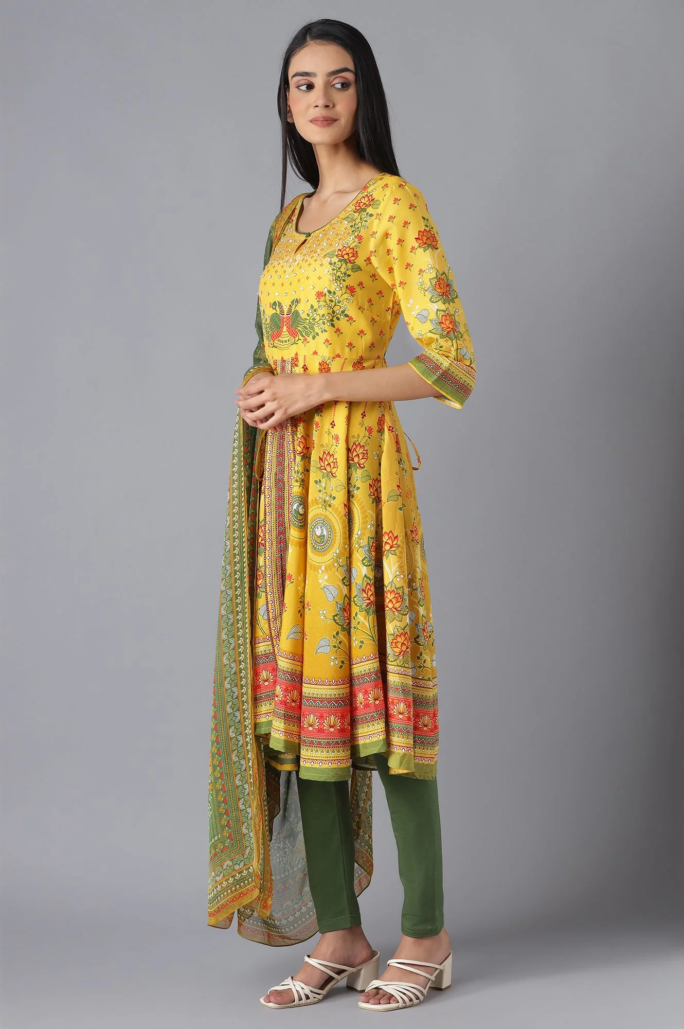 Yellow Printed Dress, Tights and Dupatta Set - Image 3