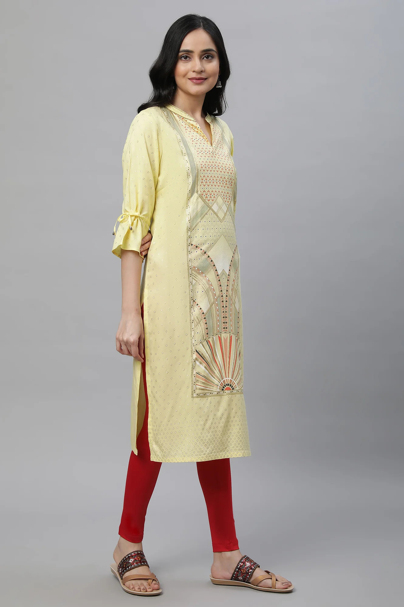 Yellow Printed Ethnic Kurta - Image 3