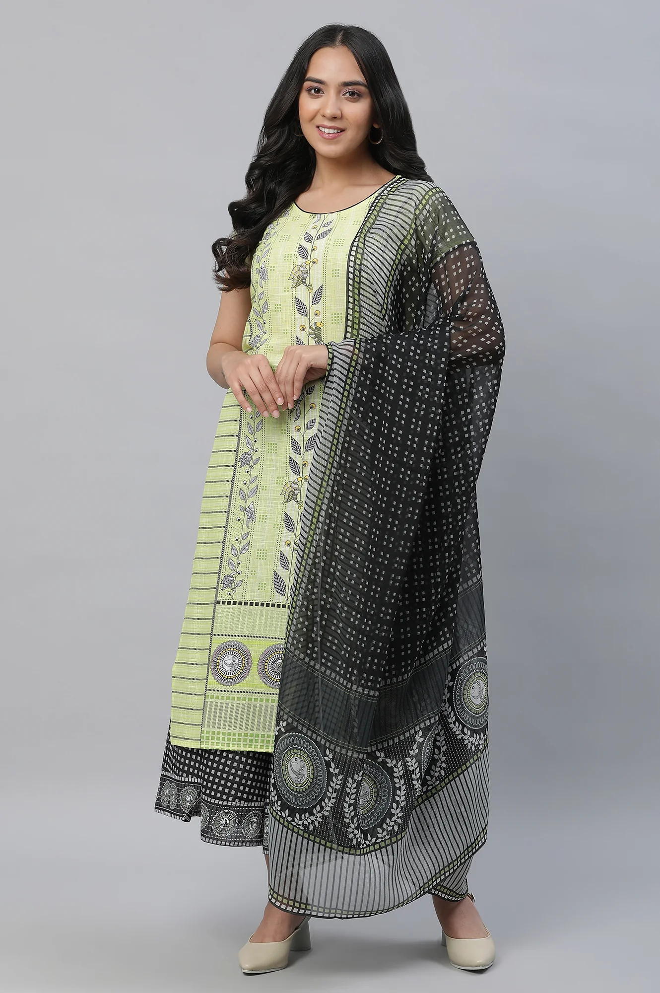 Yellow Printed Kurta, Culottes & Dupatta Set - Image 2