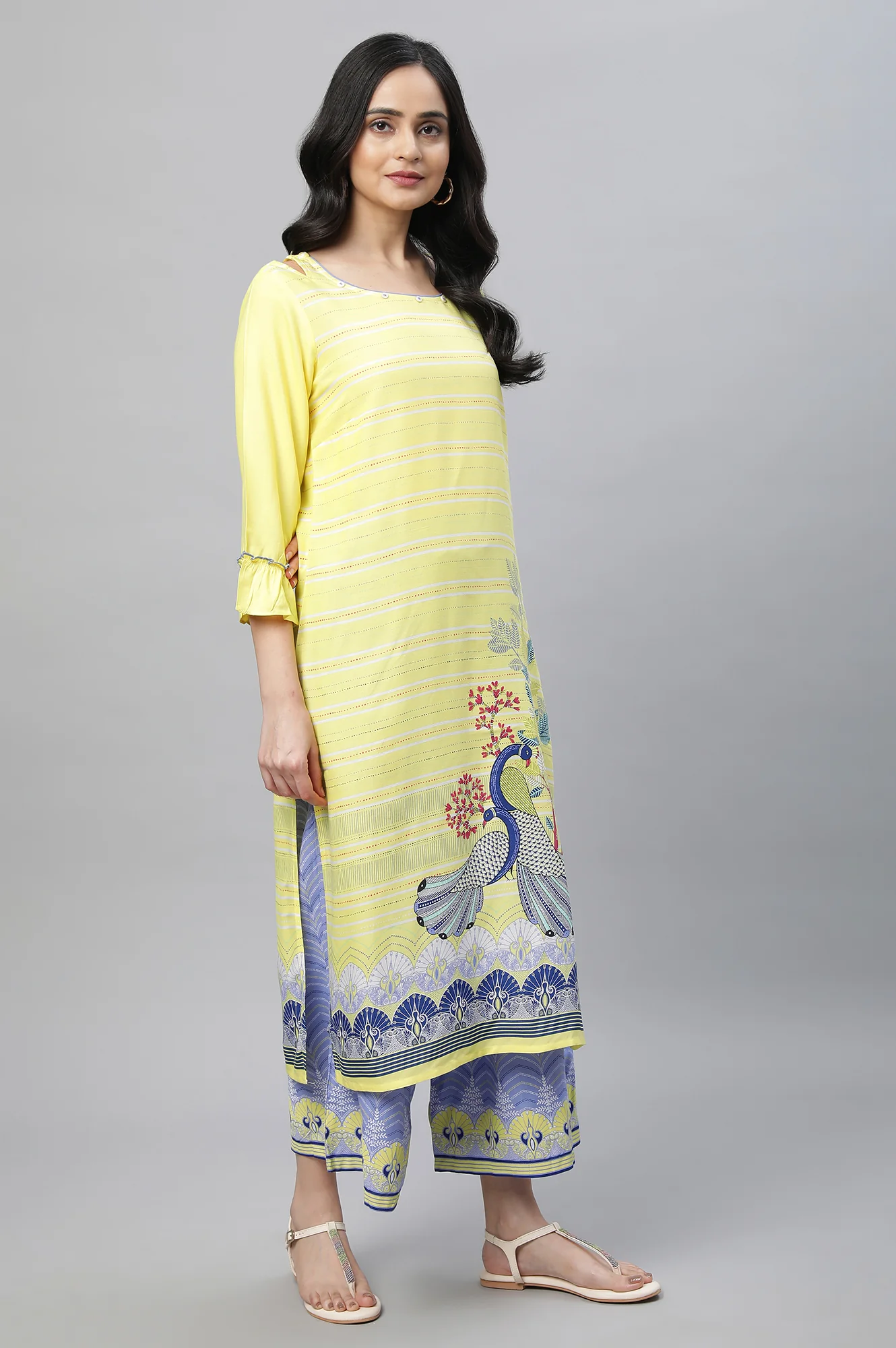 Yellow Printed Kurta, Culottes & Dupatta Set - Image 3