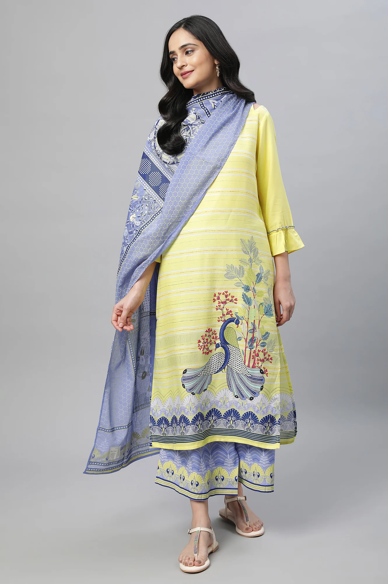 Yellow Printed Kurta, Culottes & Dupatta Set - Image 5