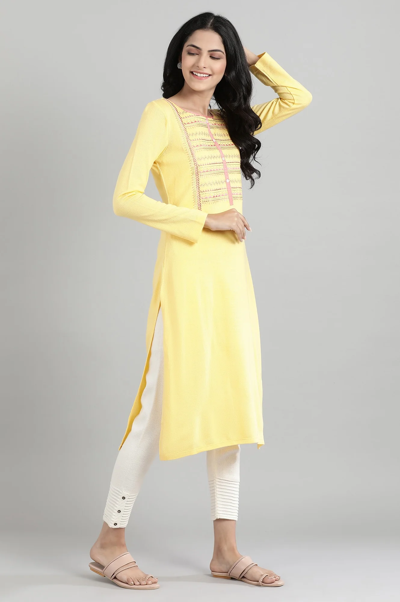 Yellow Round Neck Winter kurta - Image 4