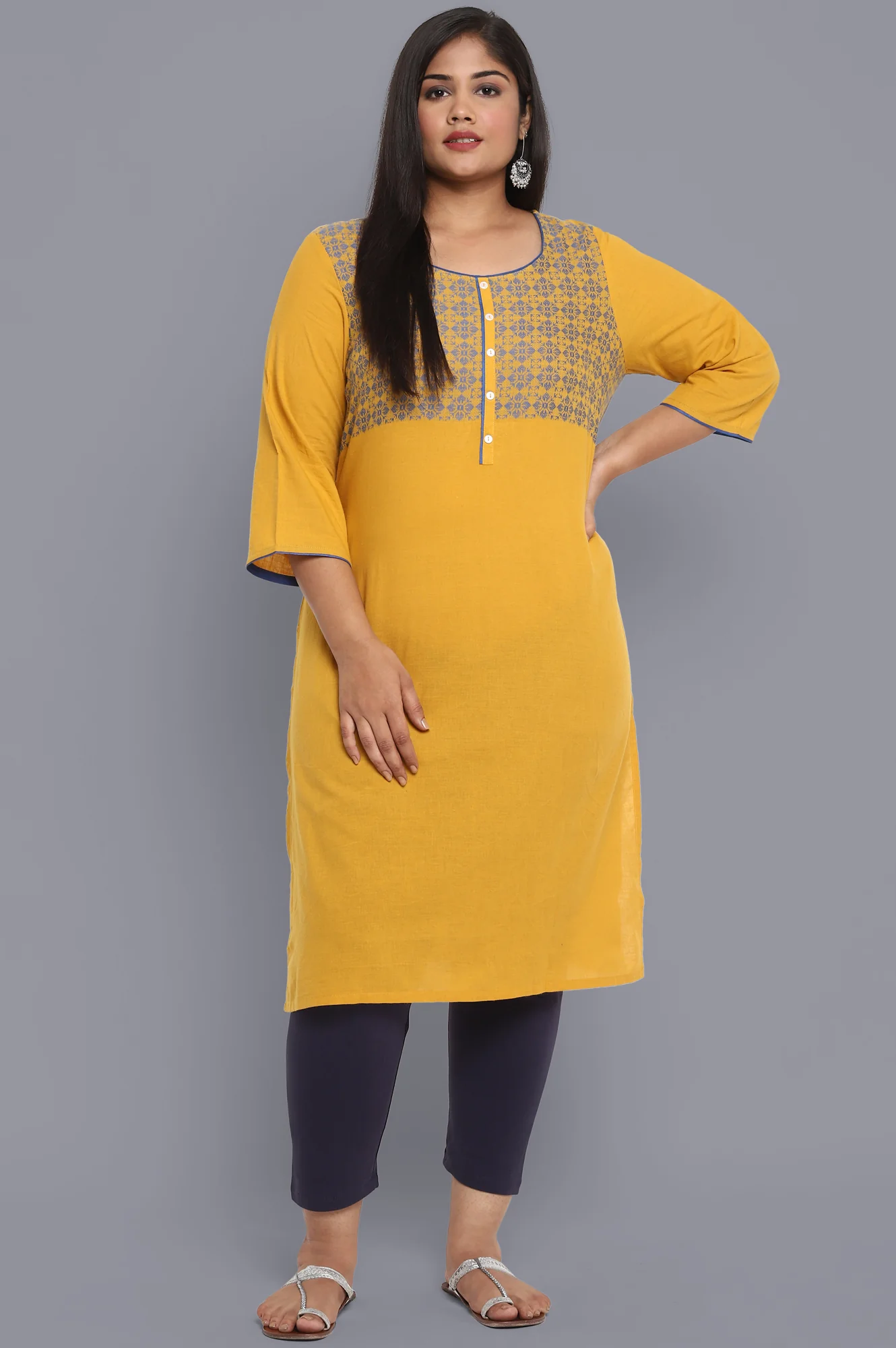 Yellow Round Neck Yarn-Dyed Cotton kurta - Image 6