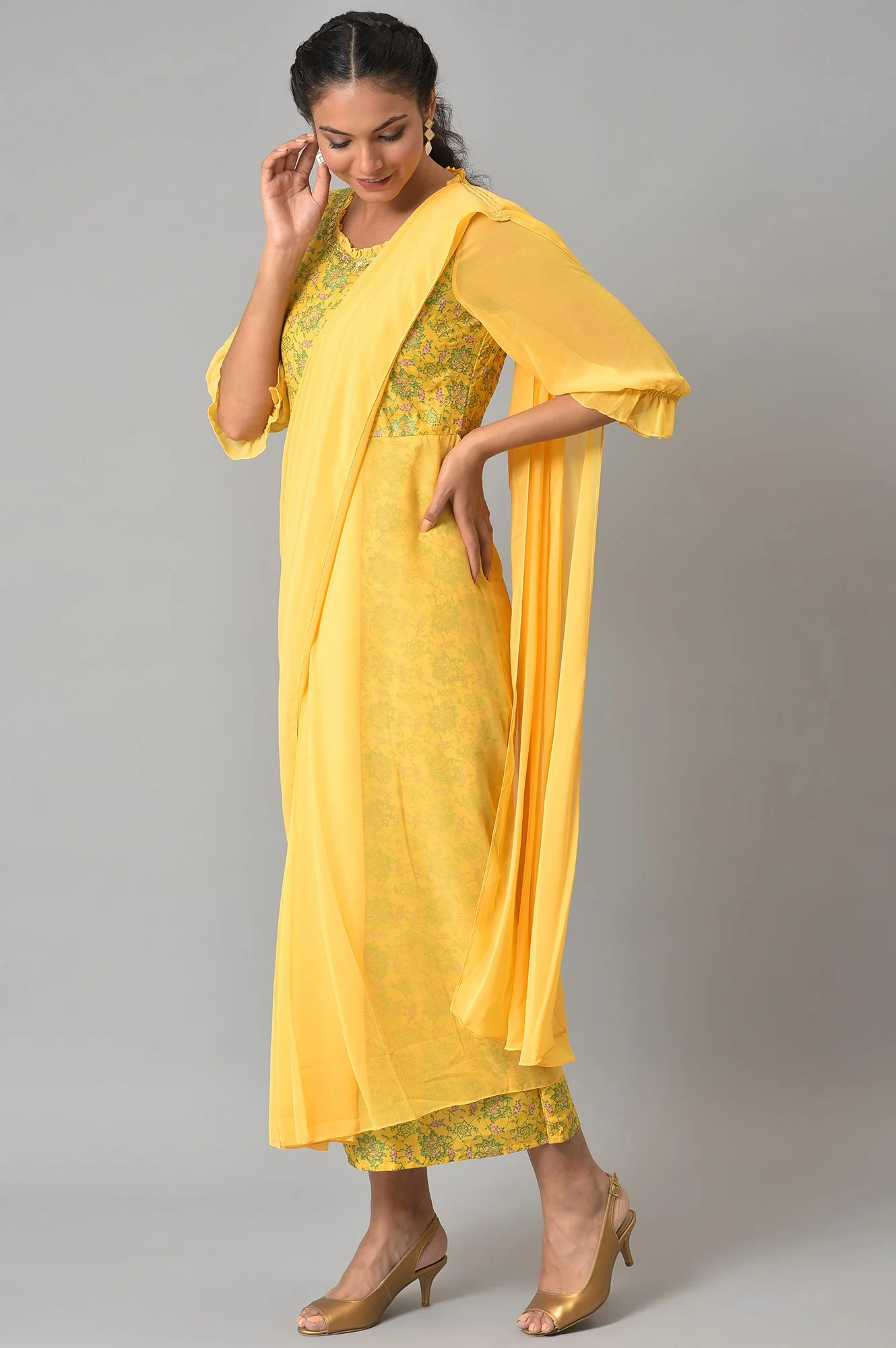 Yellow Saree Dress With Georgette Puffy Sleeves - Image 3