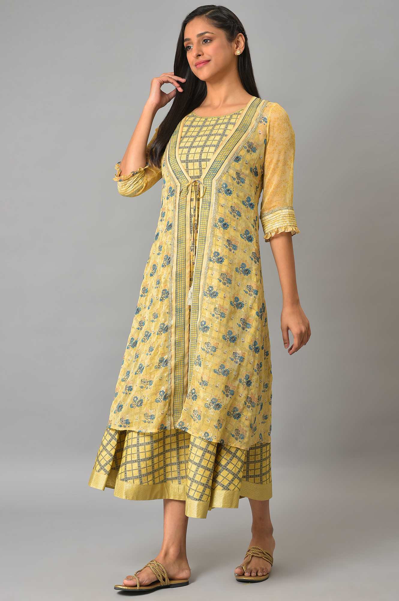 Yellow Sheer Gillet With Printed Sleeveless Inner Dress - Image 3