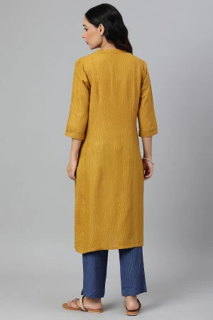 Yellow Thread Embroidered Rayon kurta With Blue Stripe Straight Pants - Image 3