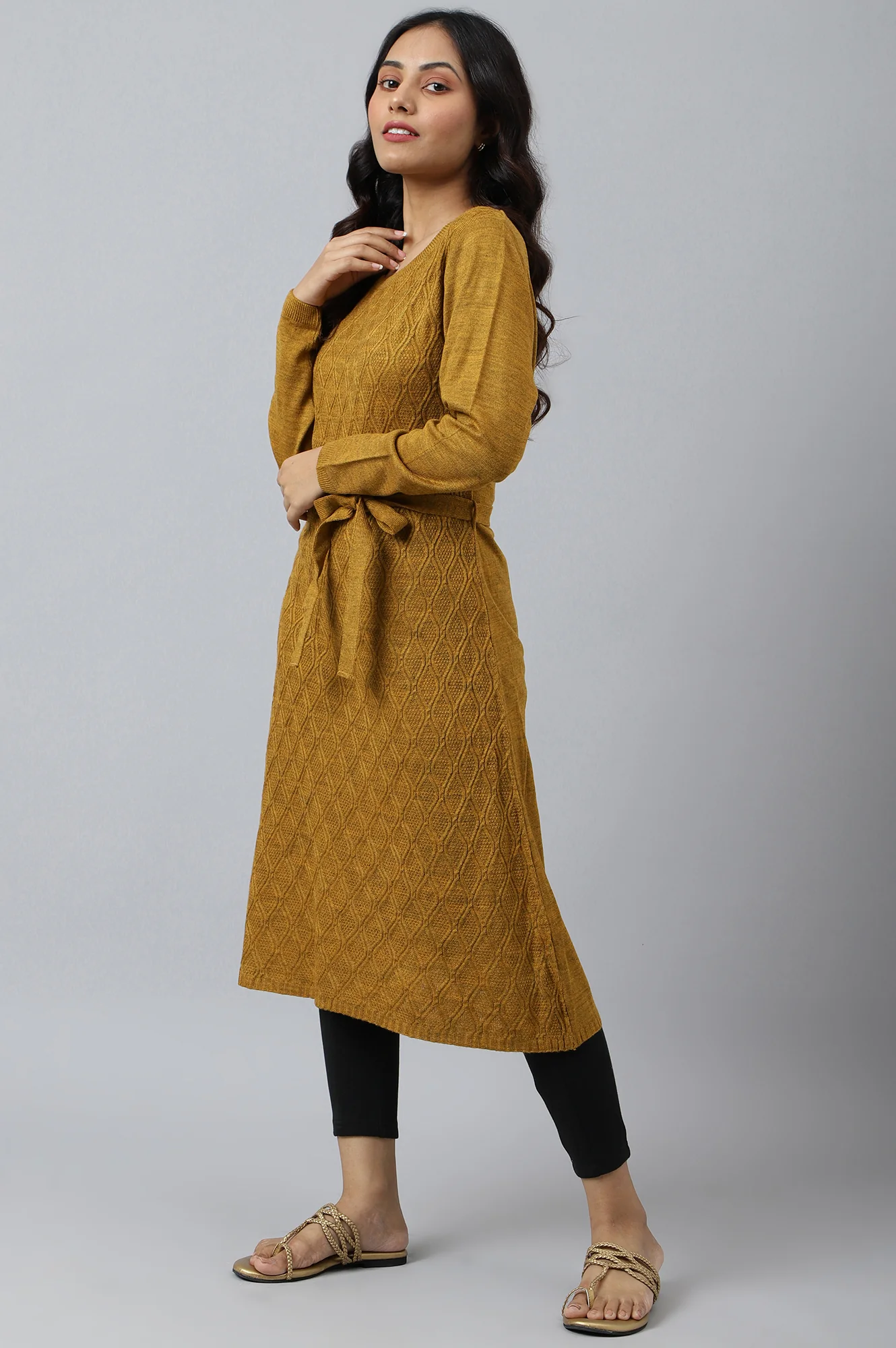 Yellow Yarn-dyed Acrylic Winter kurta - Image 5