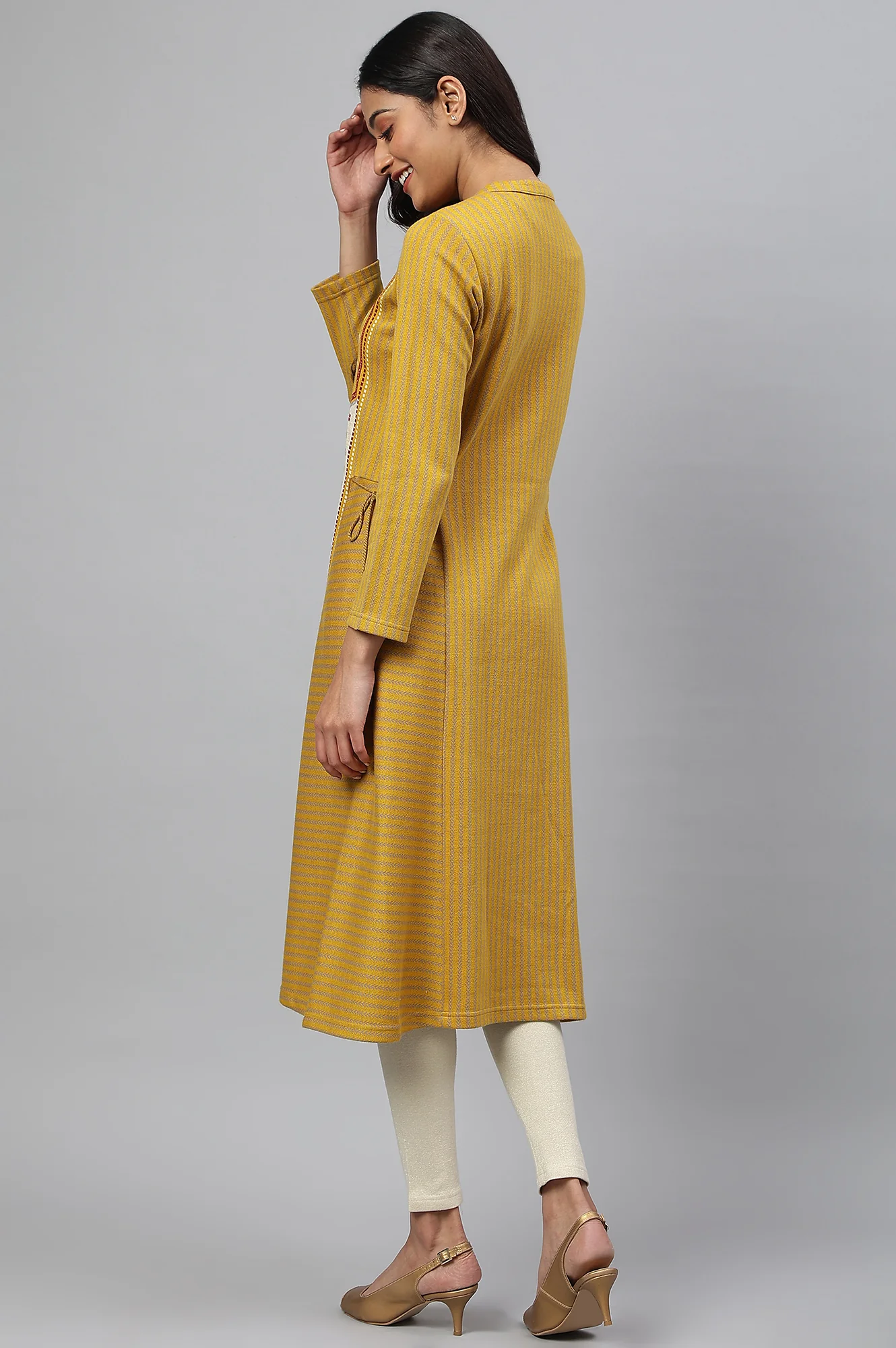 Yellow Yarn-dyed Ethnic Winter kurta - Image 4