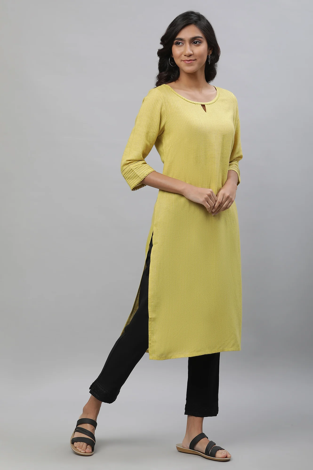 Yellow Yarn Dyed Straight Kurta - Image 5