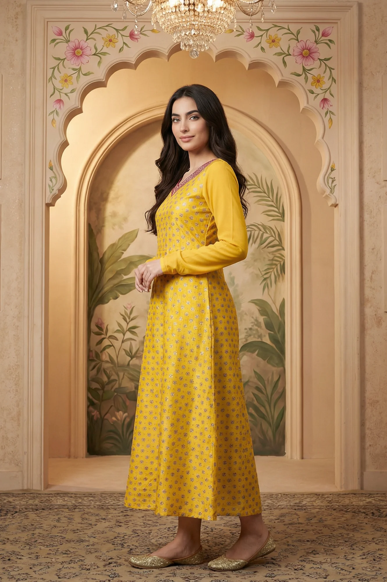 Yellow Zari Embroidered Dress with Pink Embroidered Dupatta - Image 3