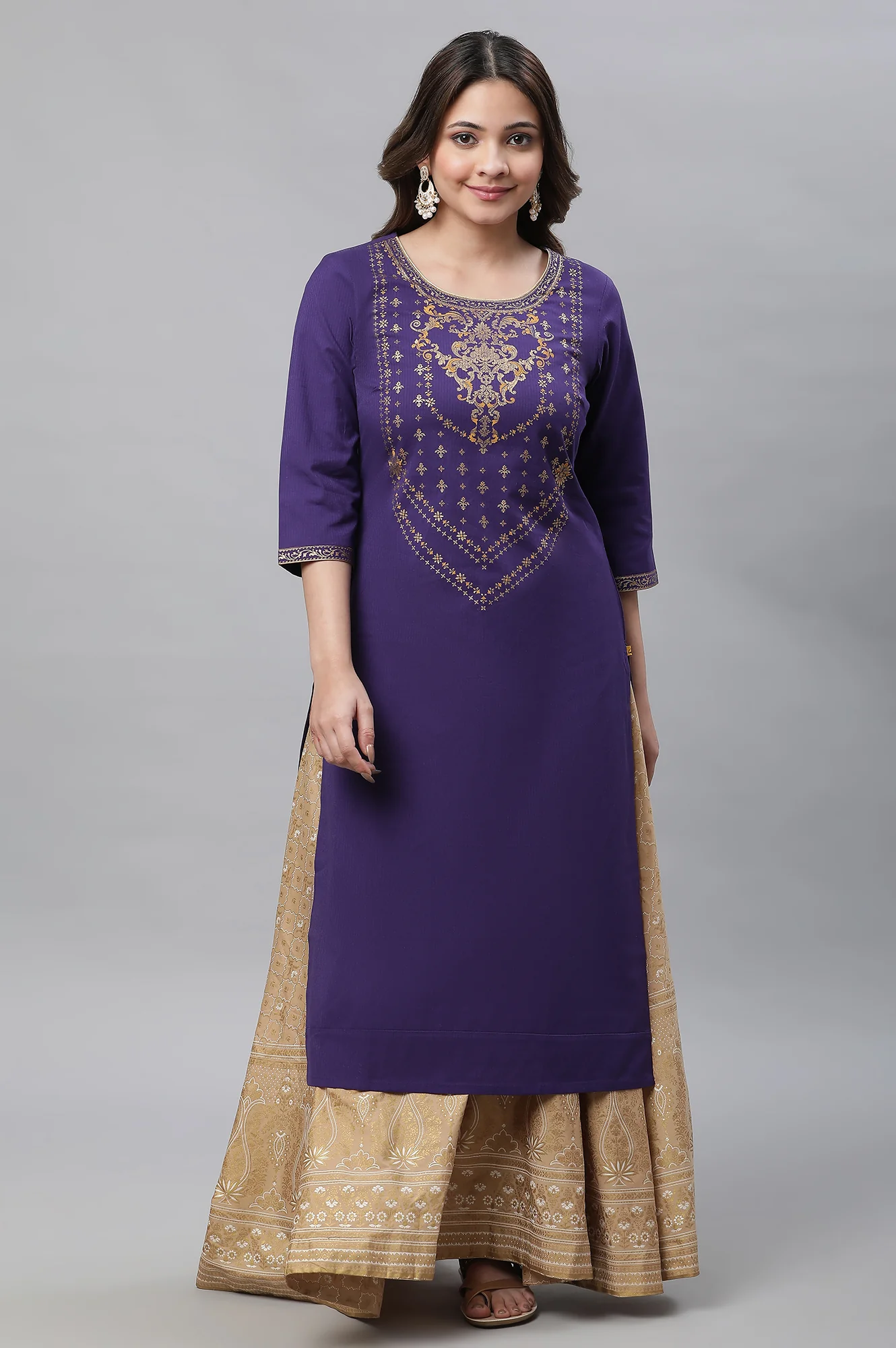 Purple Abstract Print Foil Printed Straight Cotton Kurta - Image 2