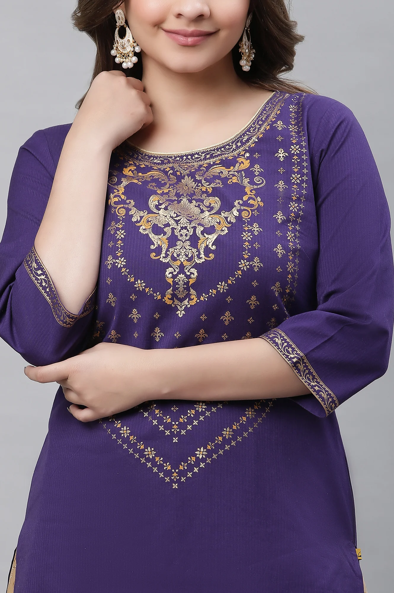 Purple Abstract Print Foil Printed Straight Cotton Kurta - Image 6