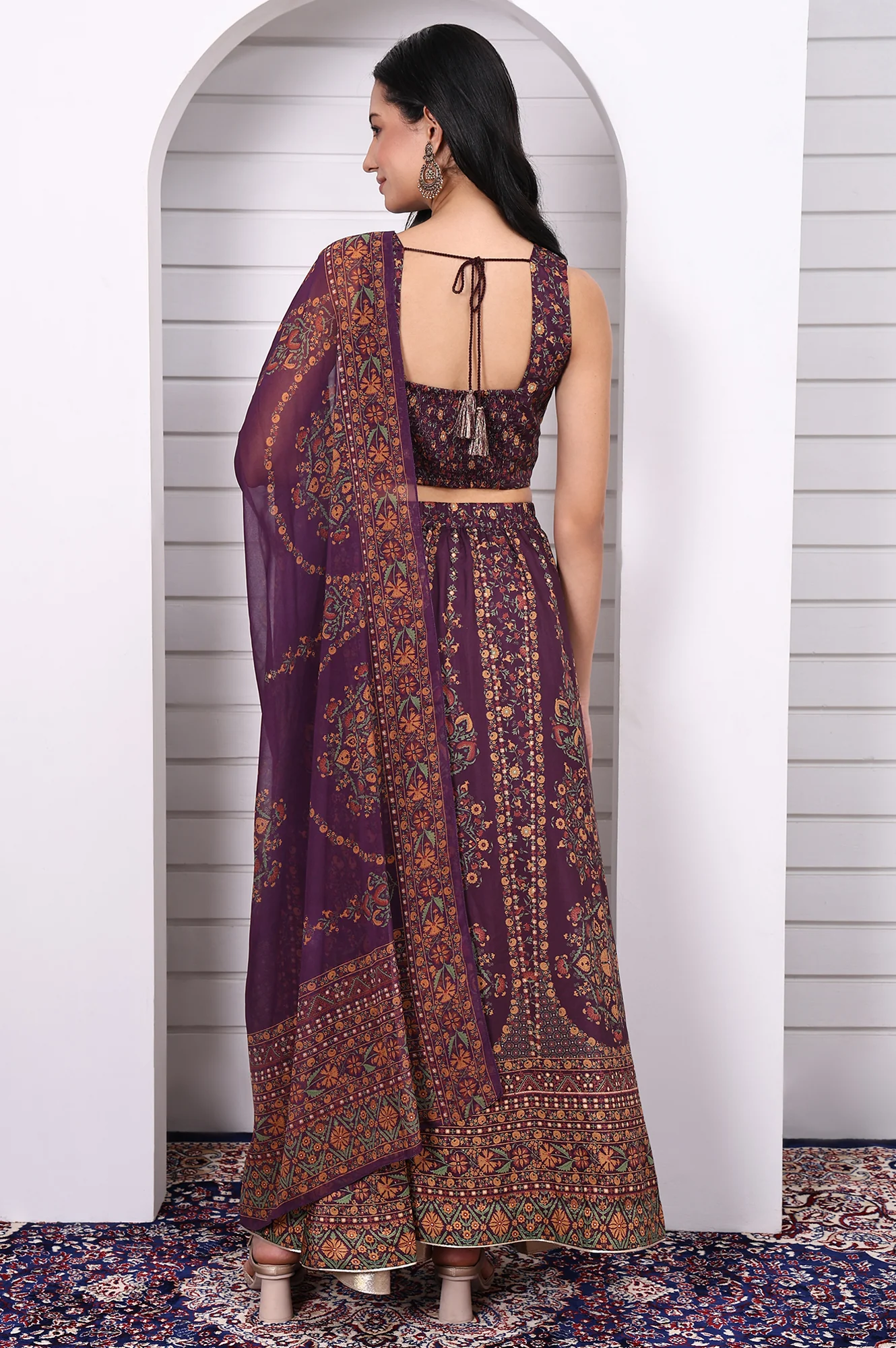 Purple Abstract Printed Beaded Straight Crop Top, Flared Skirt and Dupatta Set - Image 5