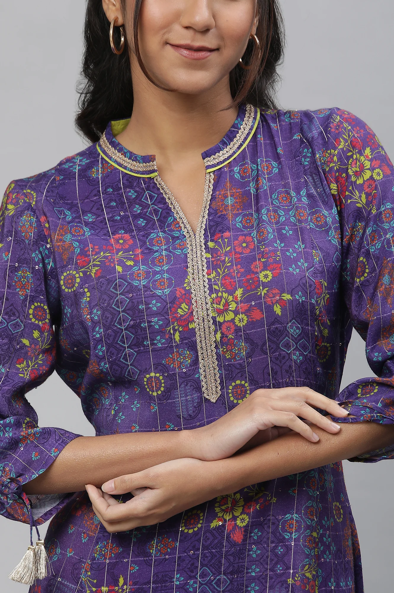 Purple A-line Printed Kurta with Lace - Image 6