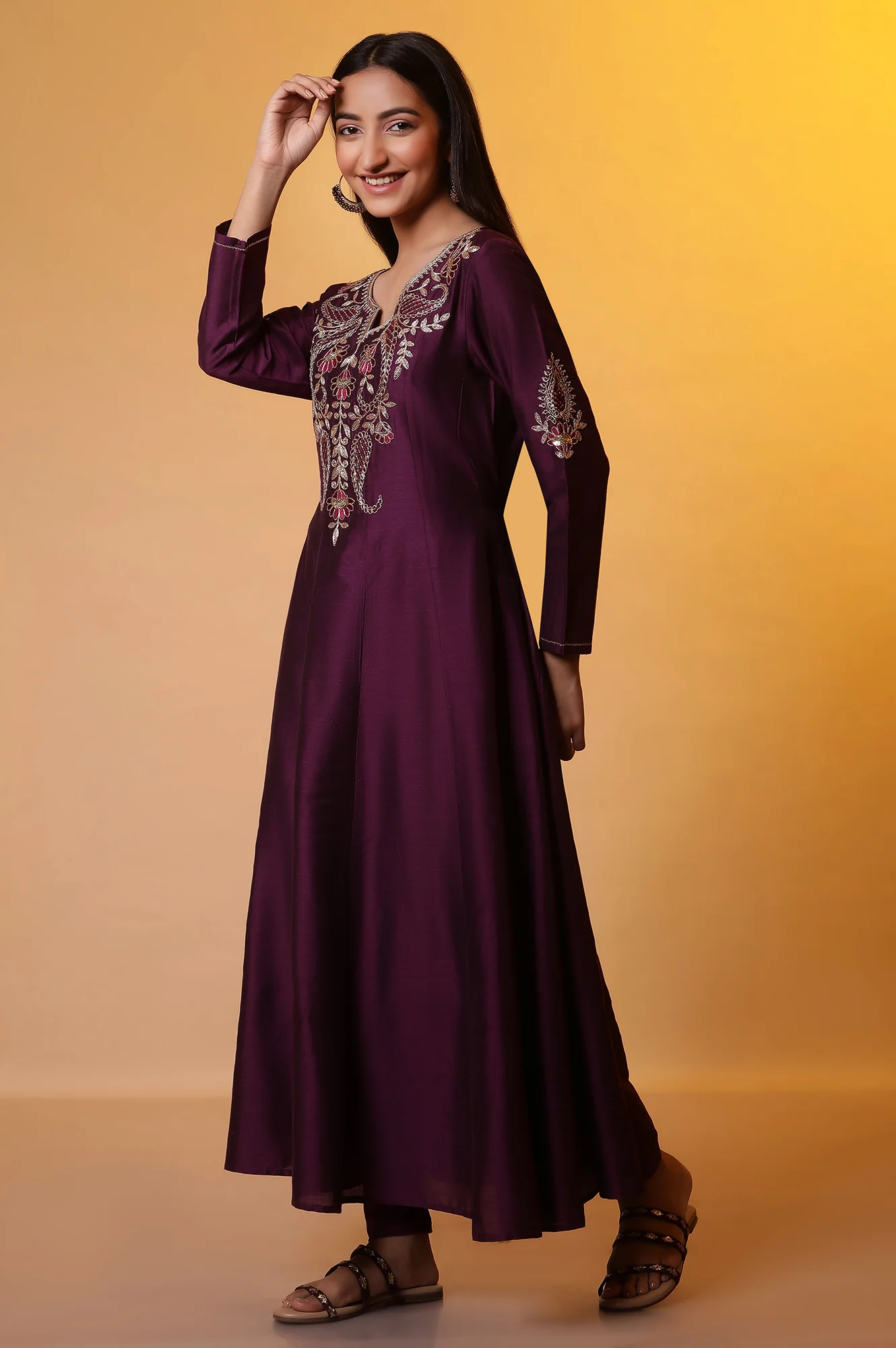 Purple Anarkali Dori Embroidered Kurta, Tights and Dupatta Set - Image 3