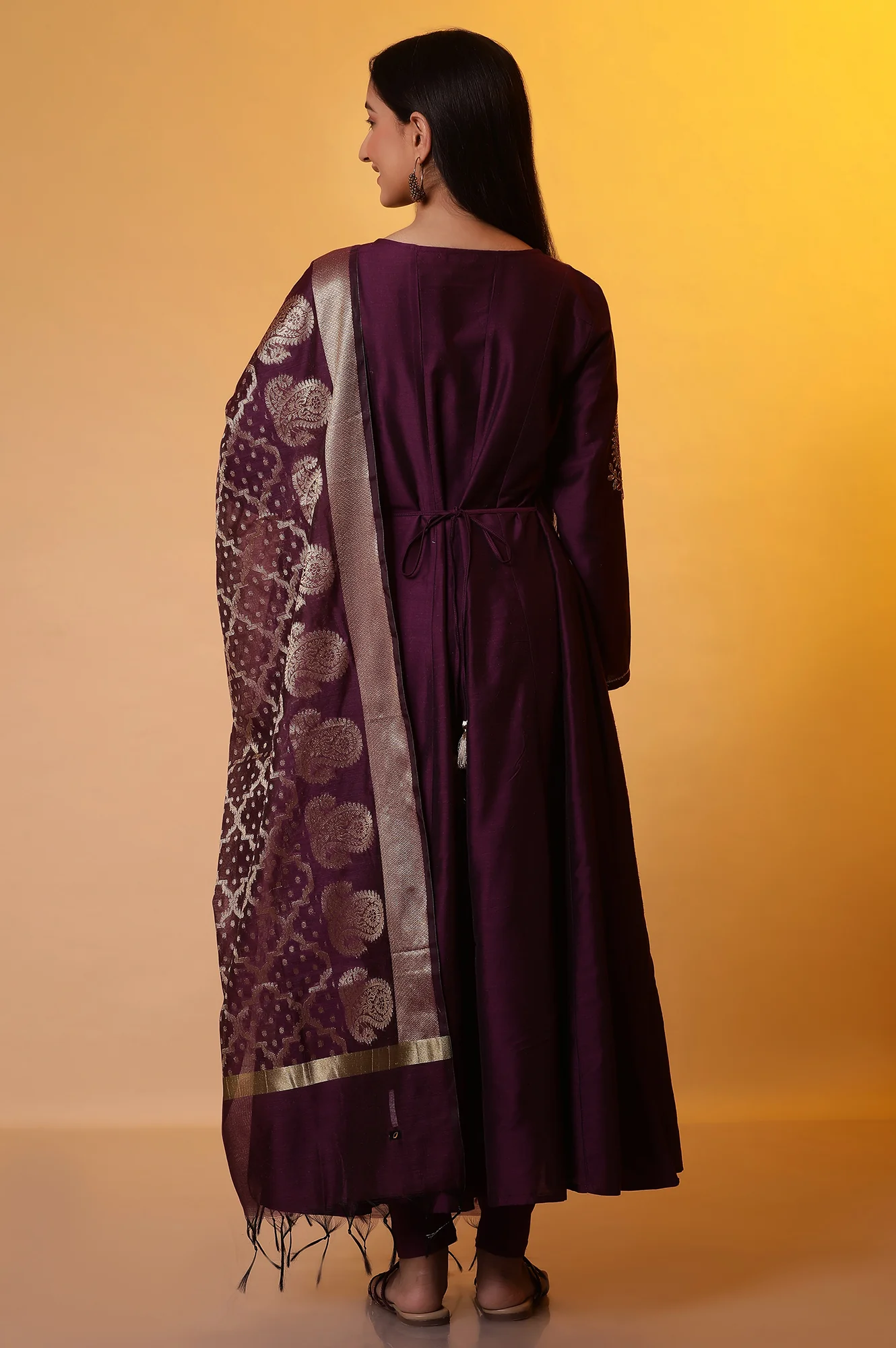 Purple Anarkali Dori Embroidered Kurta, Tights and Dupatta Set - Image 4