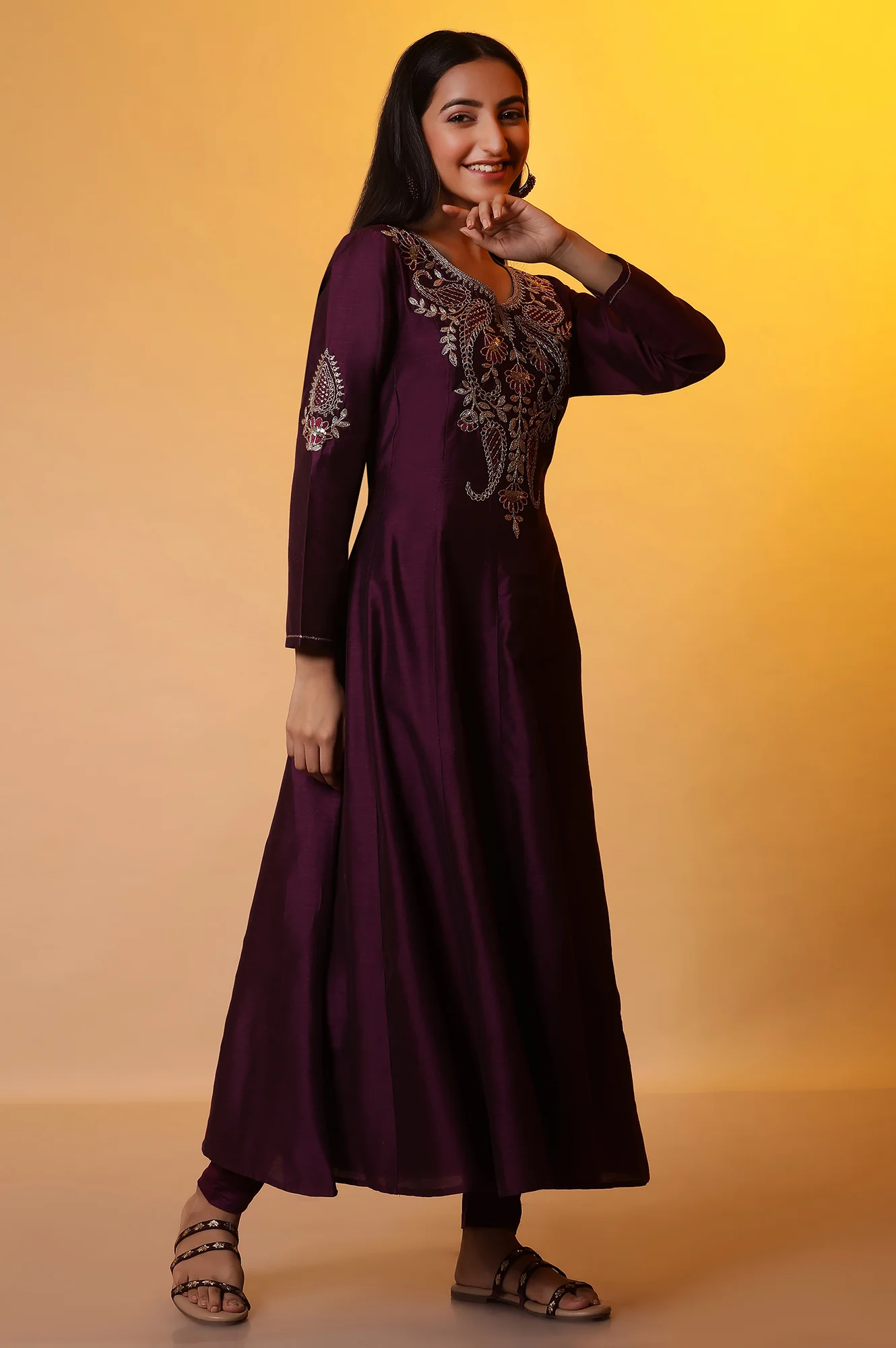 Purple Anarkali Dori Embroidered Kurta, Tights and Dupatta Set - Image 5