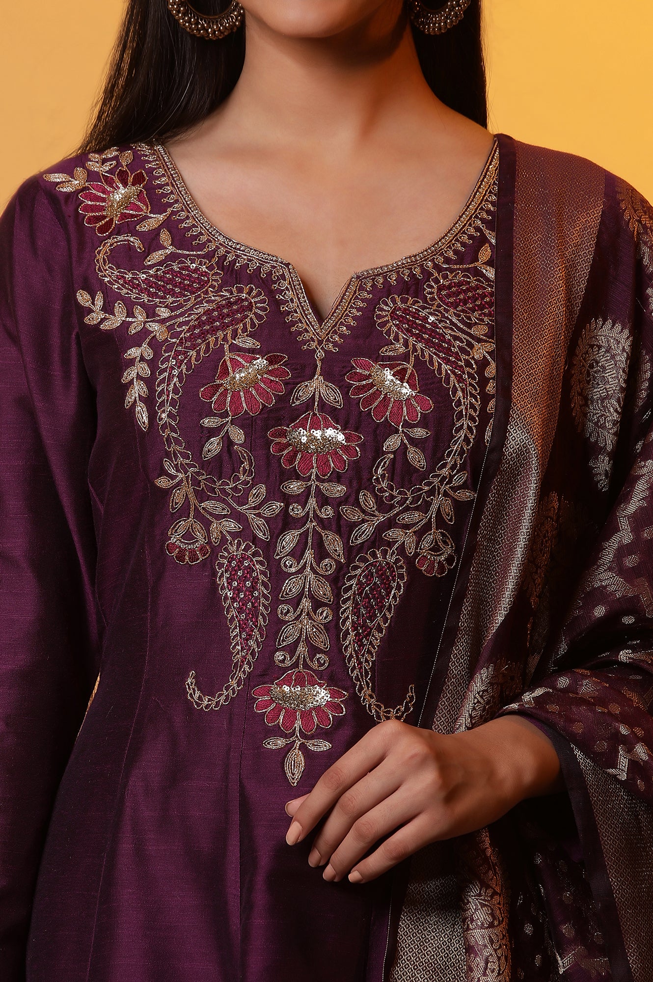 Purple Anarkali Dori Embroidered Kurta, Tights and Dupatta Set - Image 6