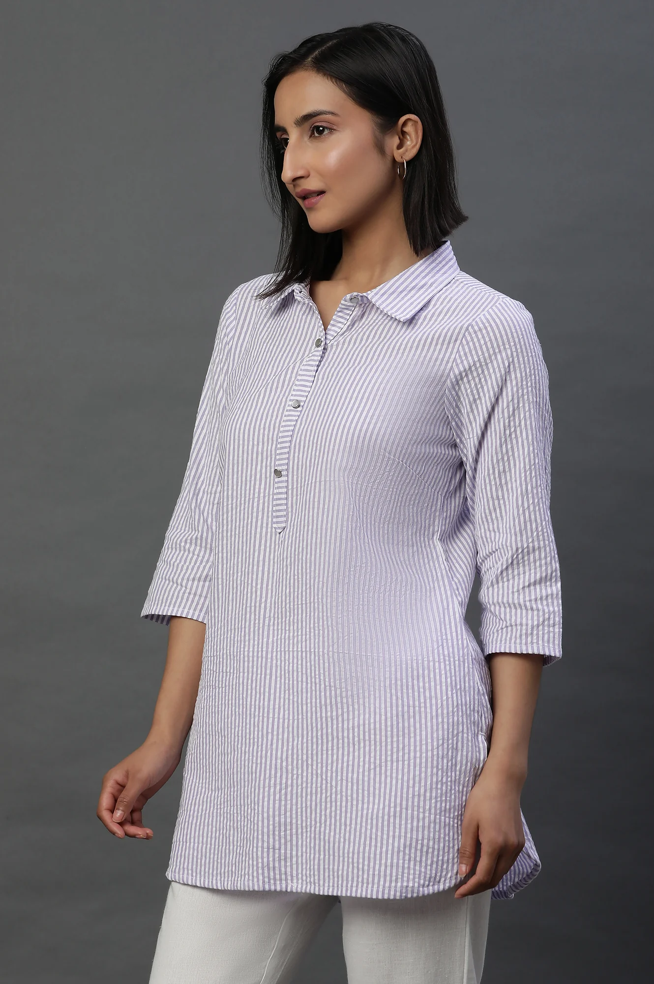 Purple and White Textured Cotton Stripe Casual Kurti - Image 2