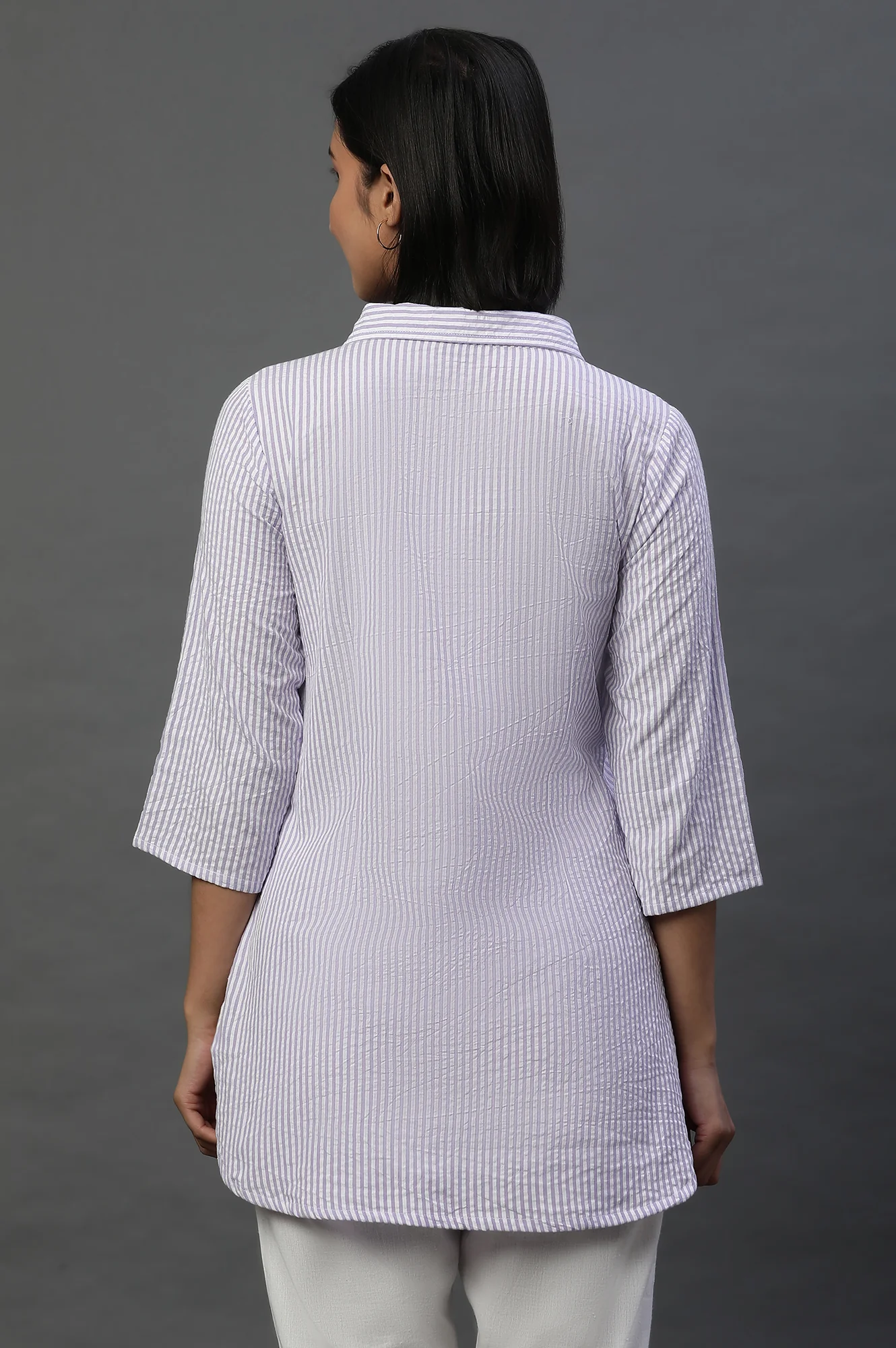 Purple and White Textured Cotton Stripe Casual Kurti - Image 3