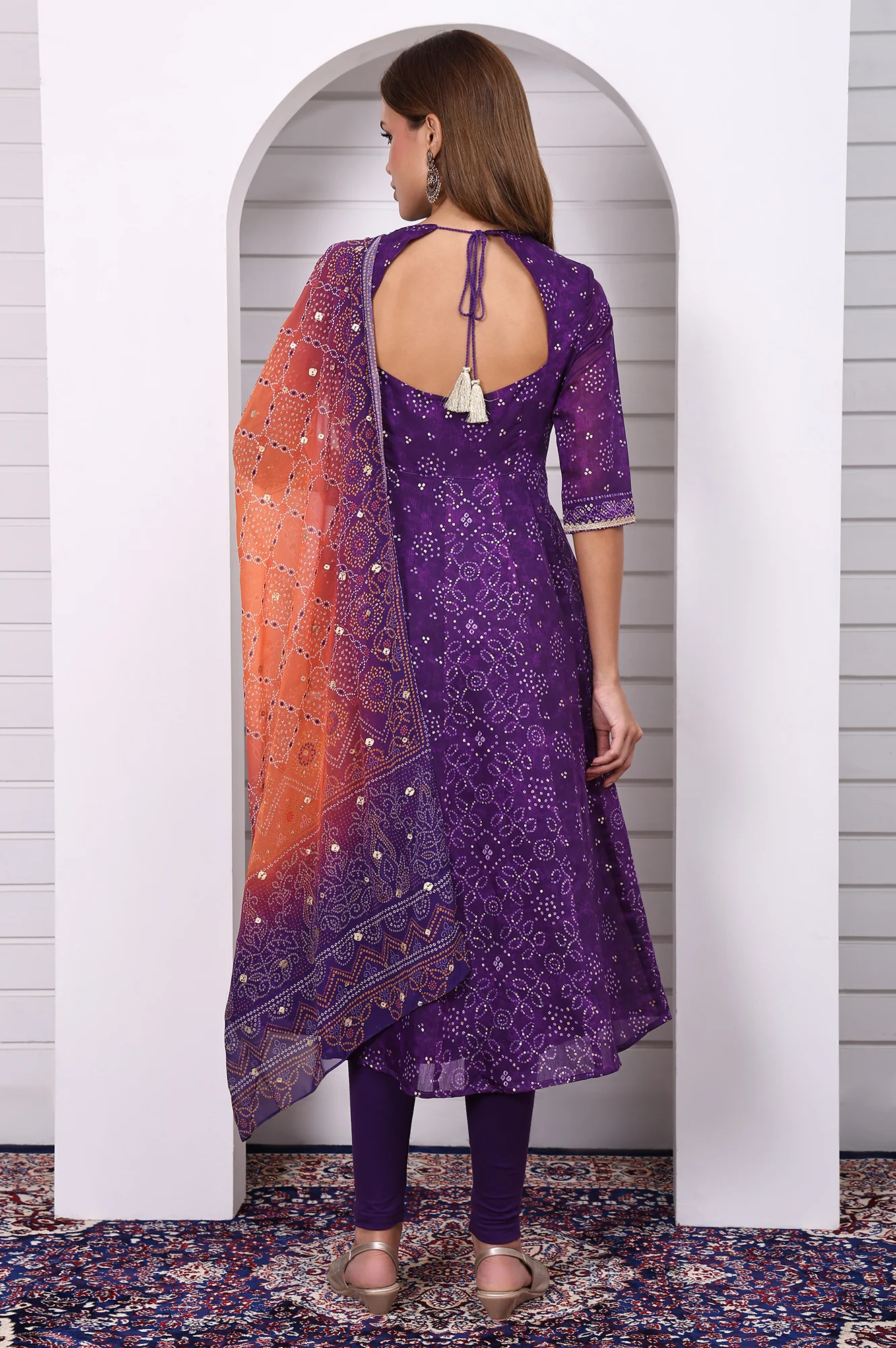 Purple Bandhni Printed Dori Embroidery Anarkali Kurta Leggings and Dupatta Set - Image 5