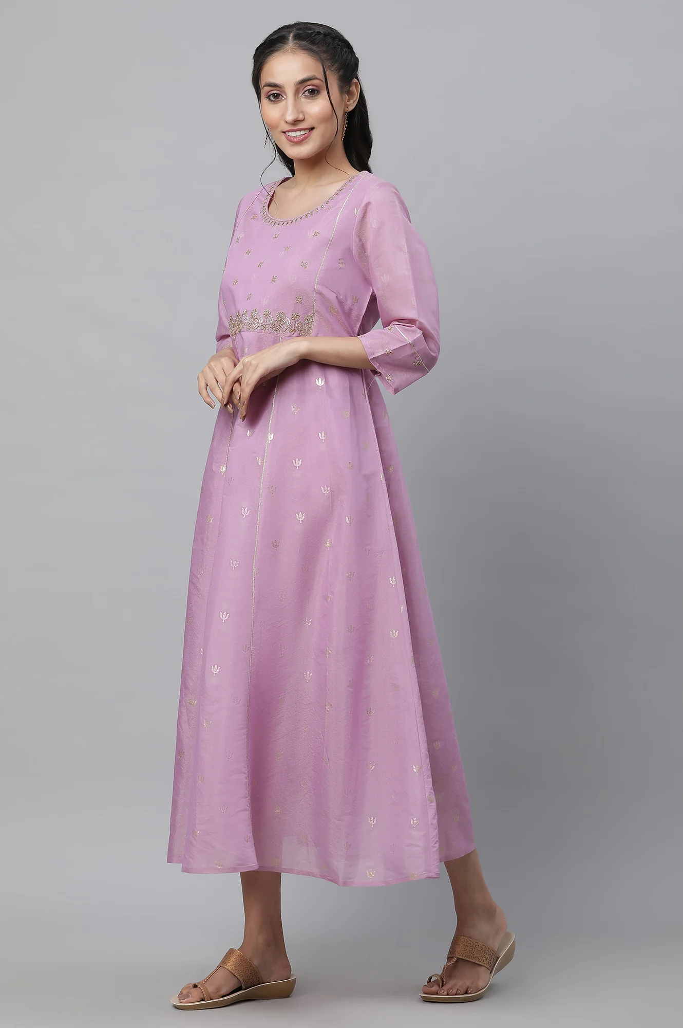 Purple Embroidered Chanderi Festive Dress and Dupatta Set - Image 3
