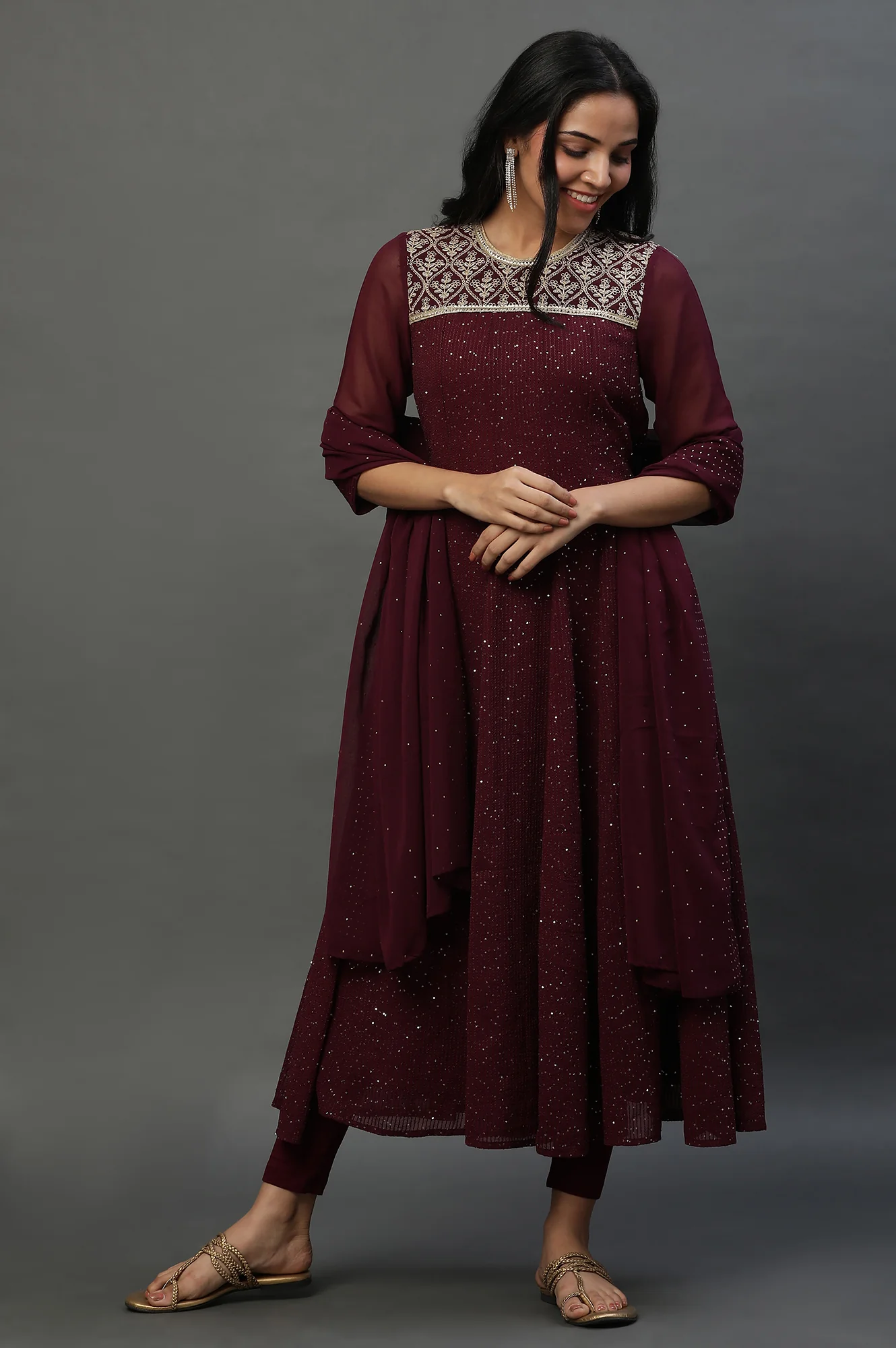Purple Dori Embroidered Anarkali Kurta, Tights and Dupatta Set - Image 3