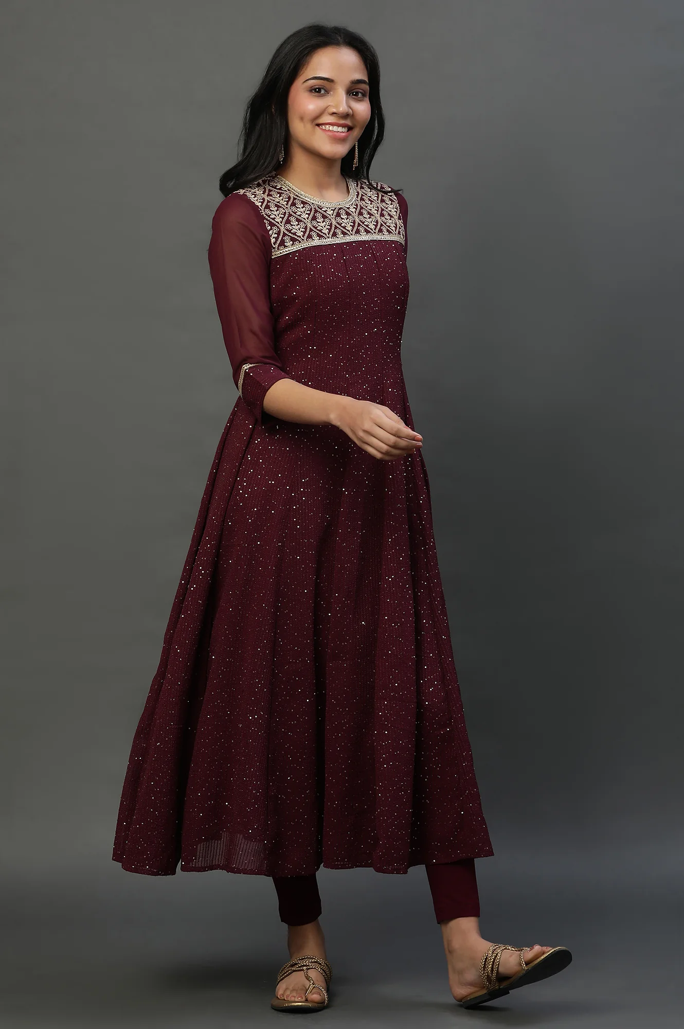 Purple Dori Embroidered Anarkali Kurta, Tights and Dupatta Set - Image 4