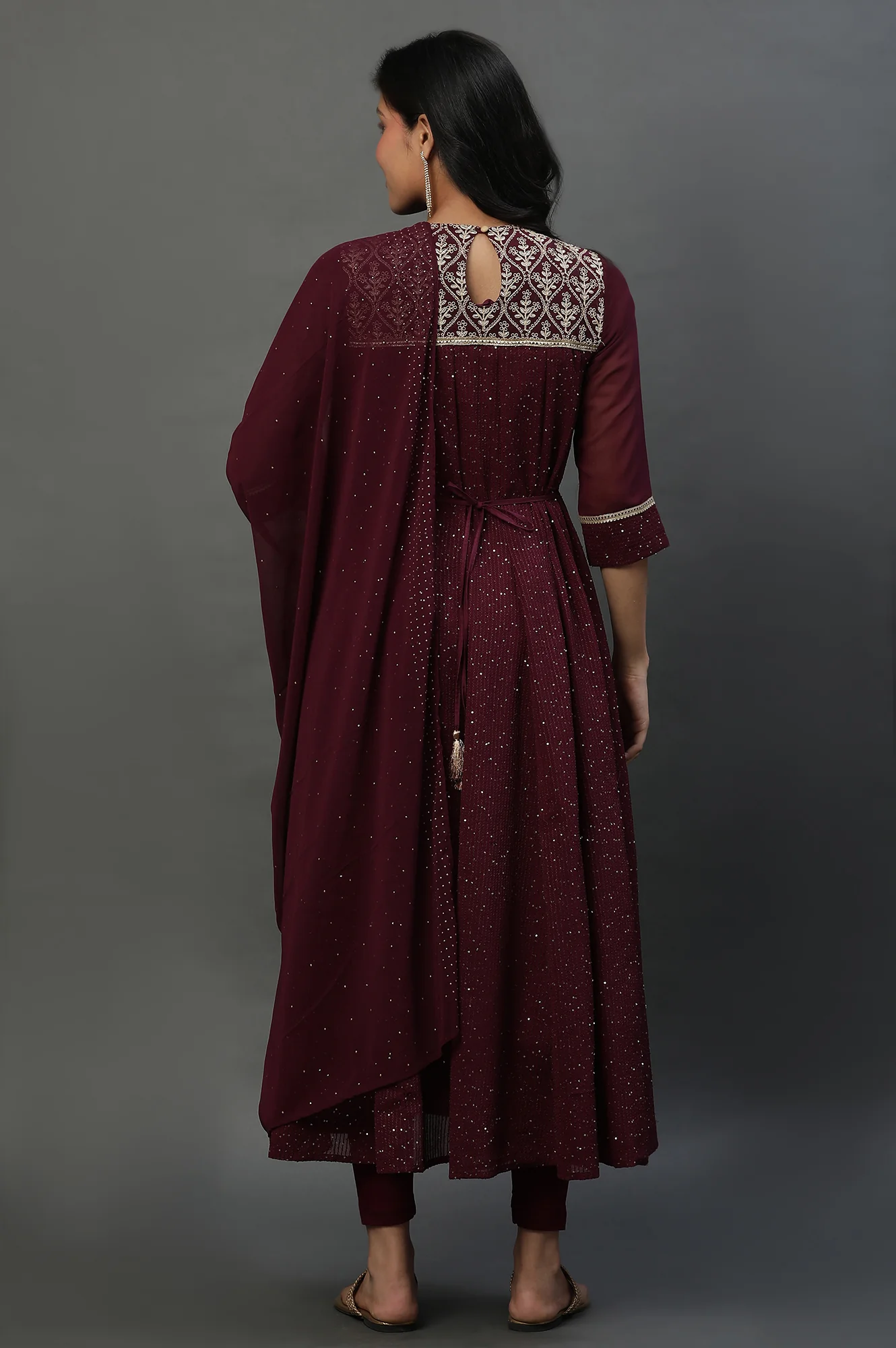 Purple Dori Embroidered Anarkali Kurta, Tights and Dupatta Set - Image 5