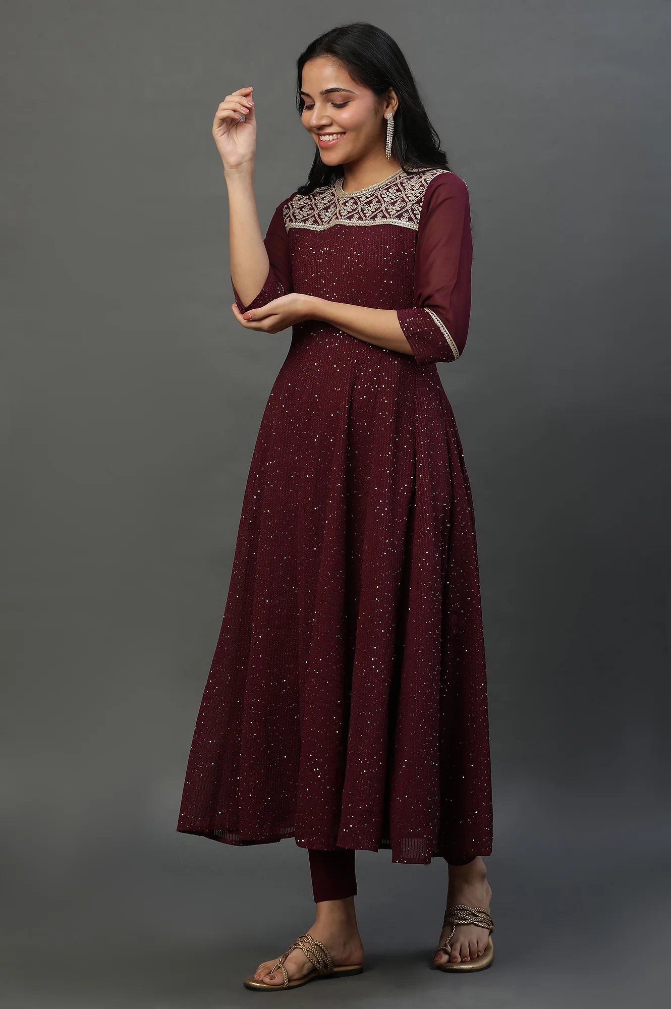 Purple Dori Embroidered Anarkali Kurta, Tights and Dupatta Set - Image 6