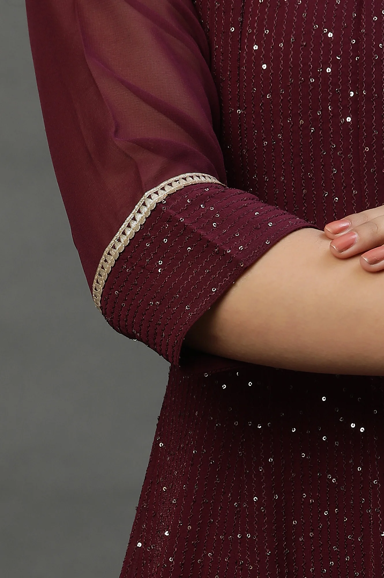 Purple Dori Embroidered Anarkali Kurta, Tights and Dupatta Set - Image 8