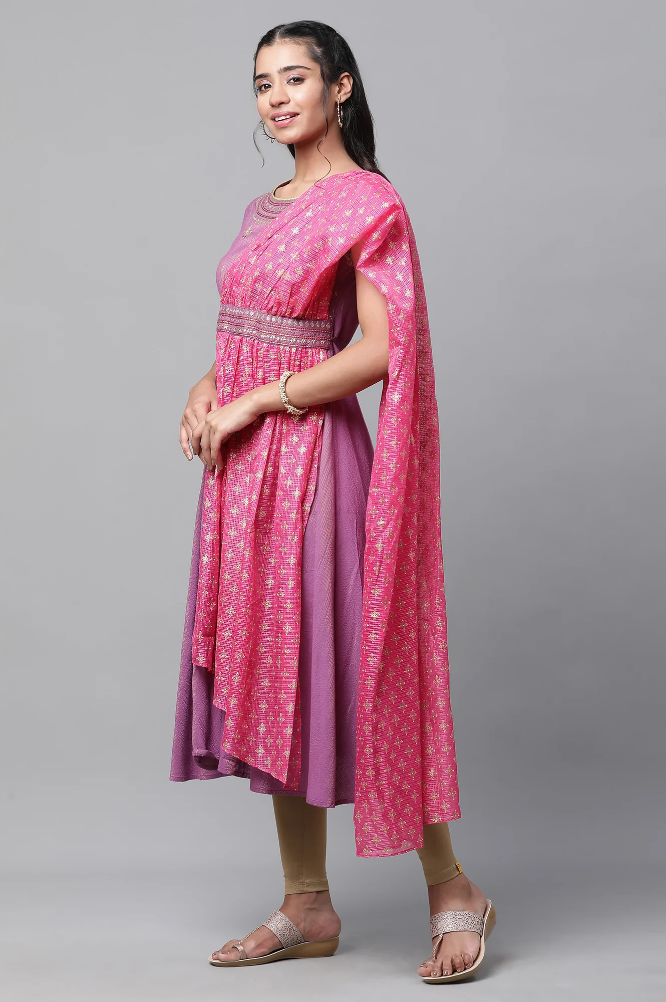 Purple Embellished A-line Kurta with Attached Drape - Image 3