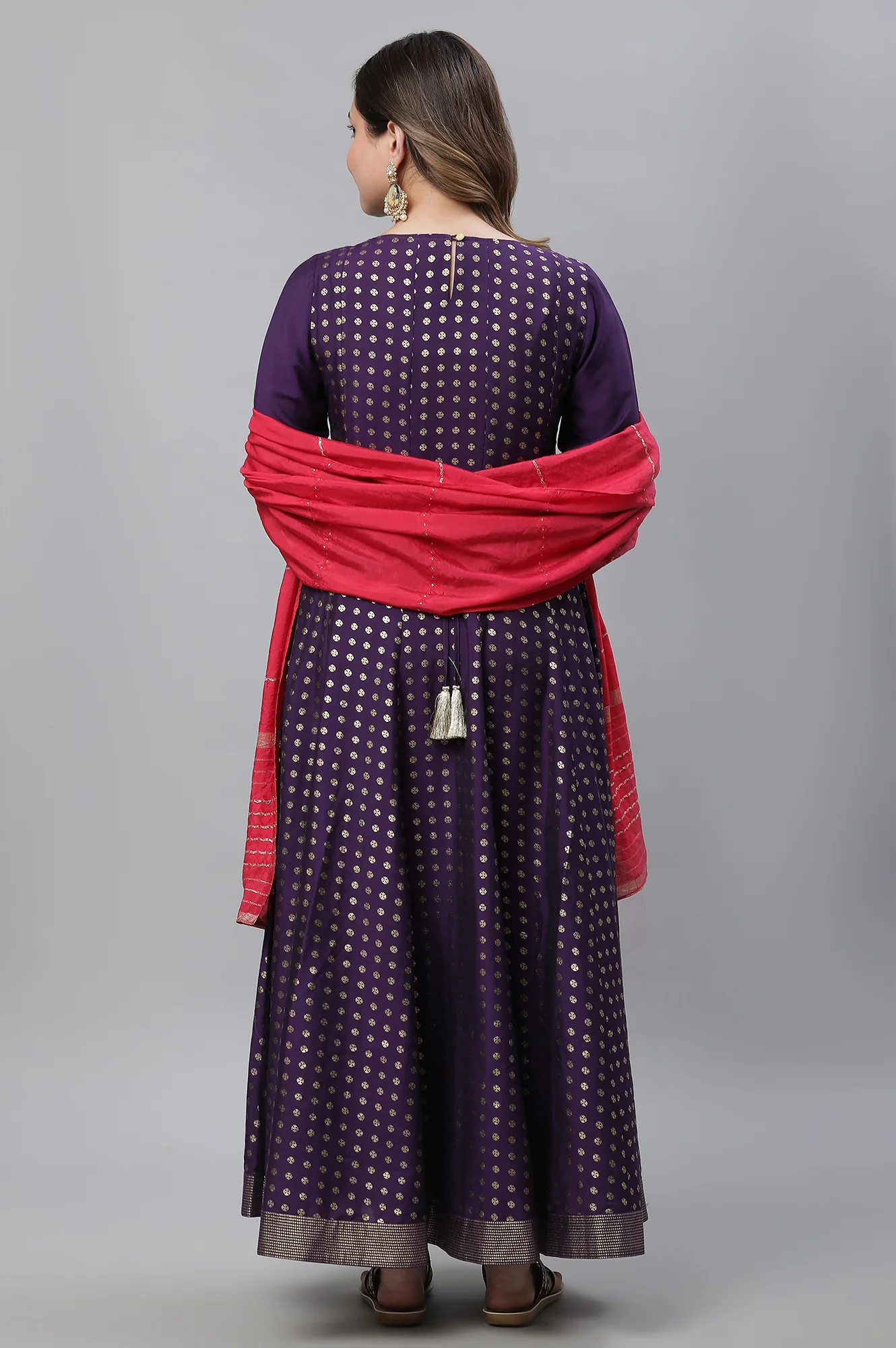 Purple Embellished Long Kurta, Tights and Pink Dupatta Set - Image 4