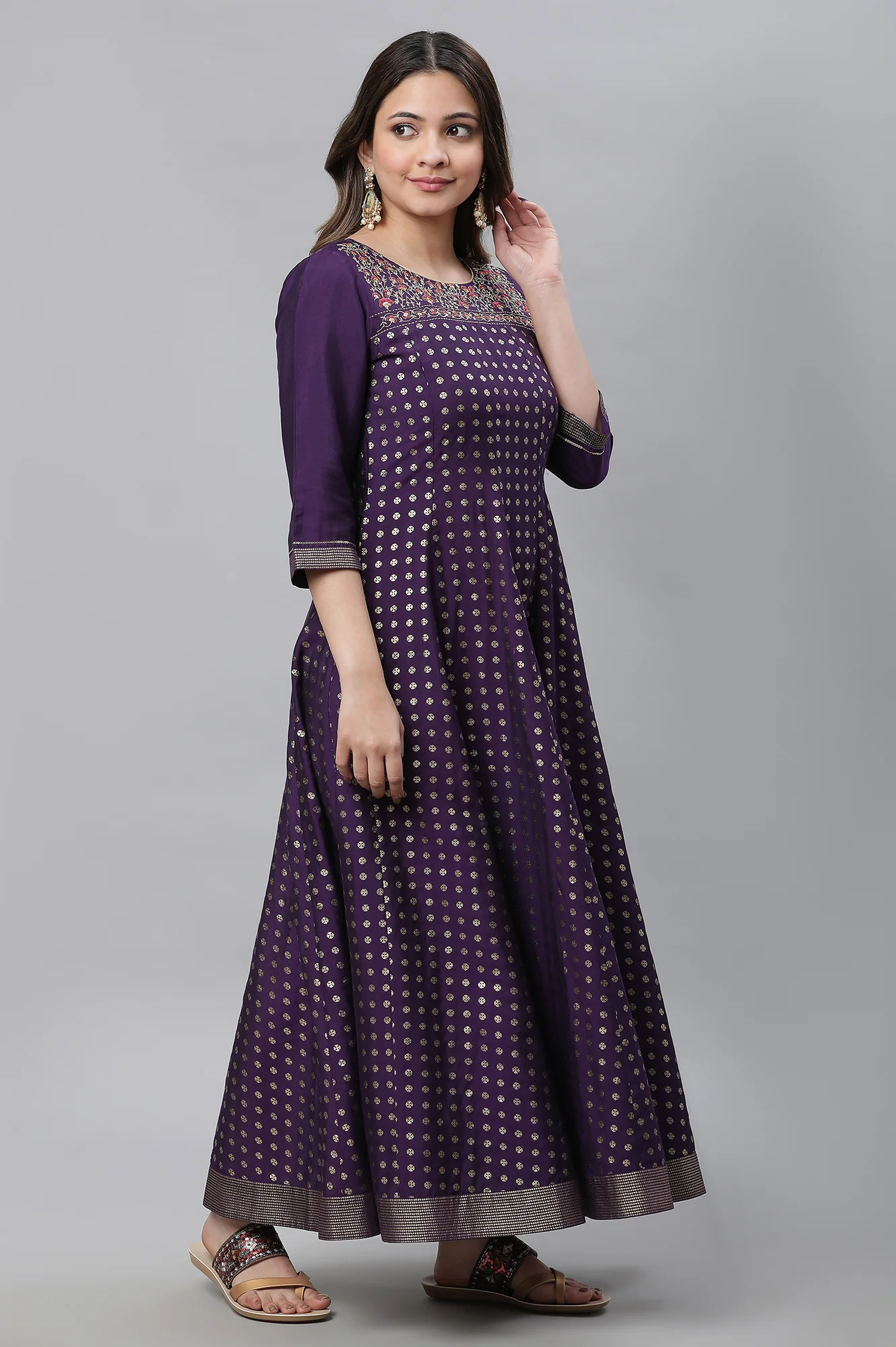 Purple Embellished Long Kurta, Tights and Pink Dupatta Set - Image 5