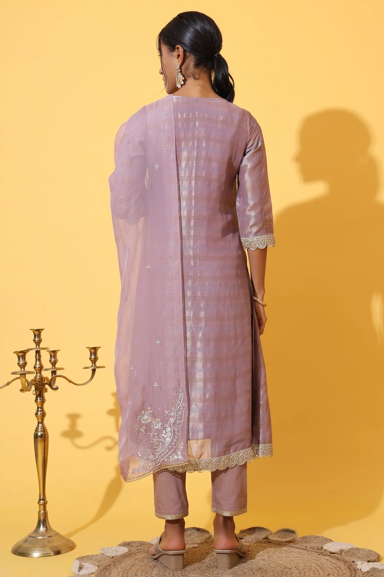 Purple Embroidered A-line Kurta and Trousers Set with Dupatta - Image 5