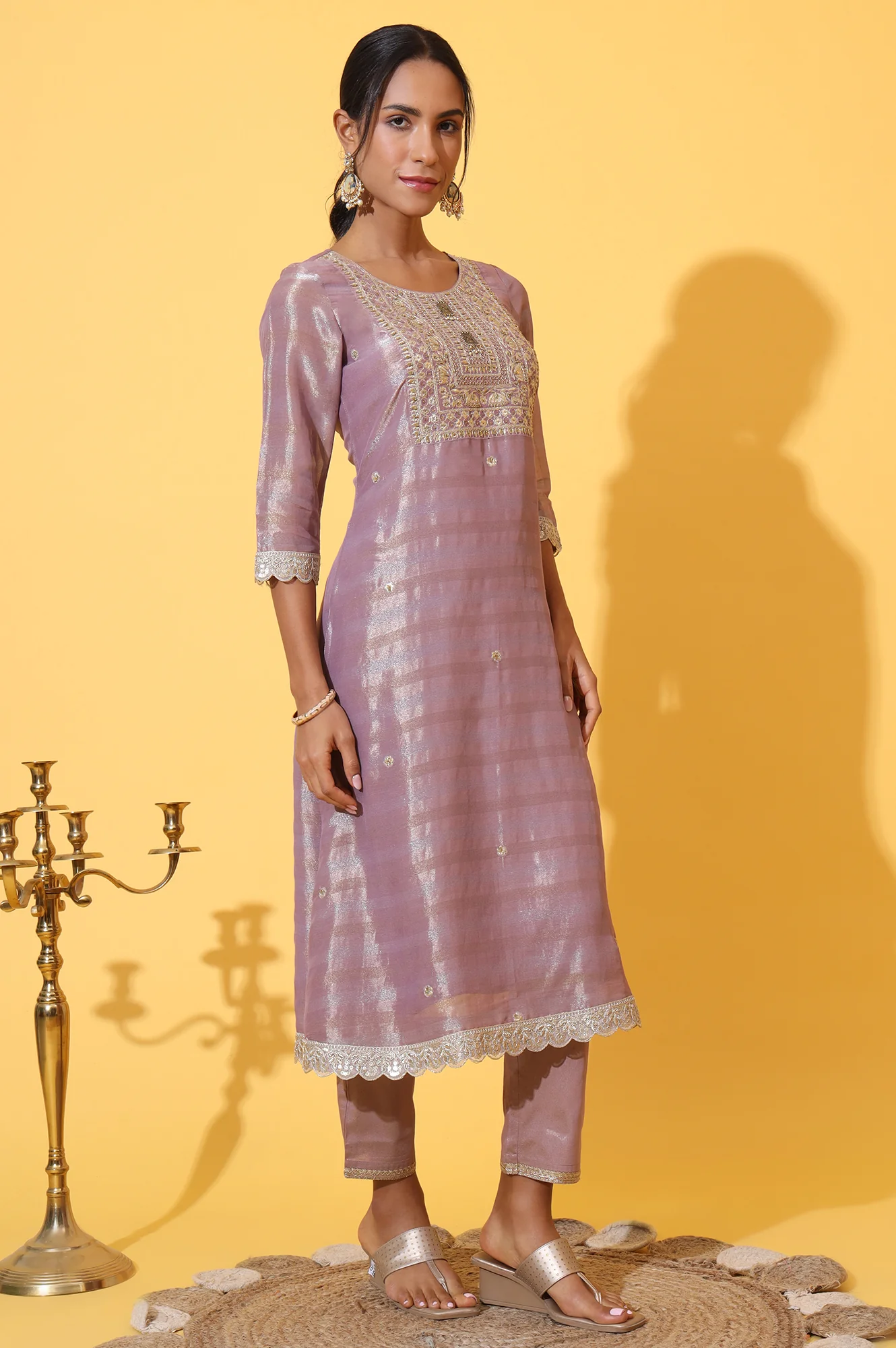 Purple Embroidered A-line Kurta and Trousers Set with Dupatta - Image 6