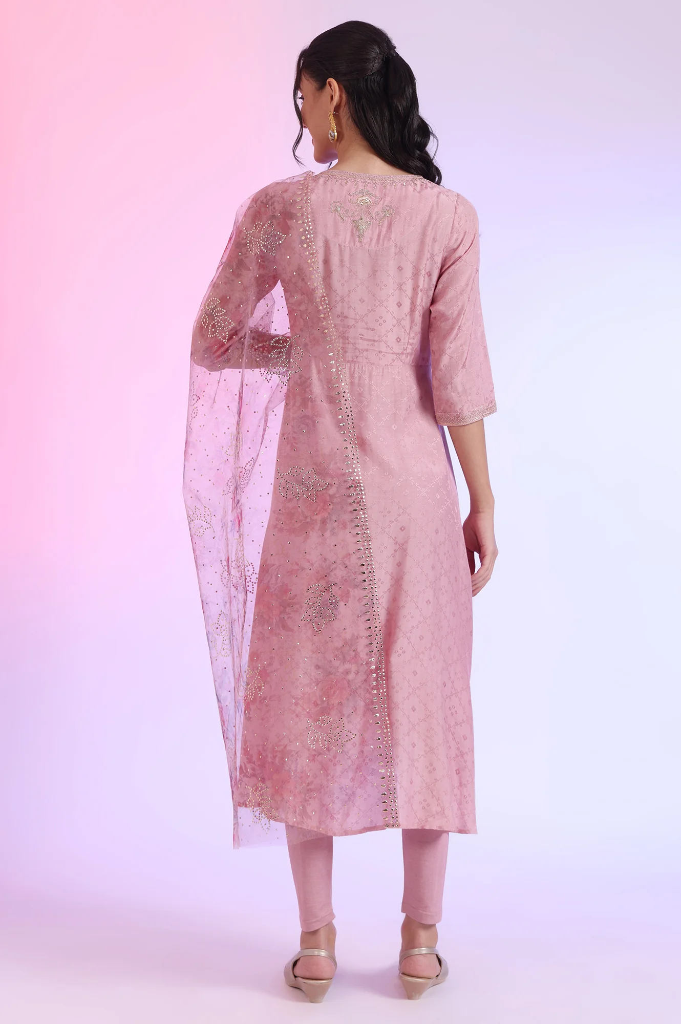 Purple Embroidered Asymmetrical Kurta with Leggings & Dupatta Set - Image 6