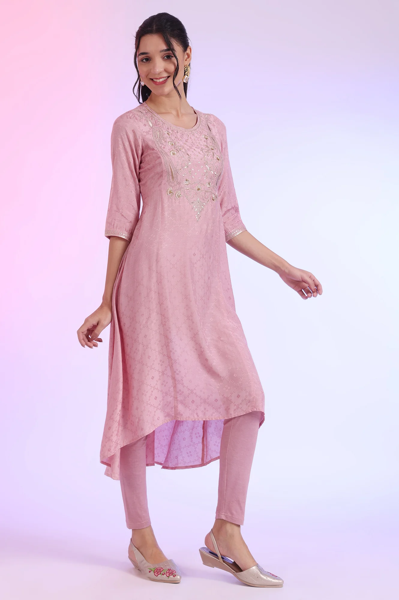 Purple Embroidered Asymmetrical Kurta with Leggings & Dupatta Set - Image 7