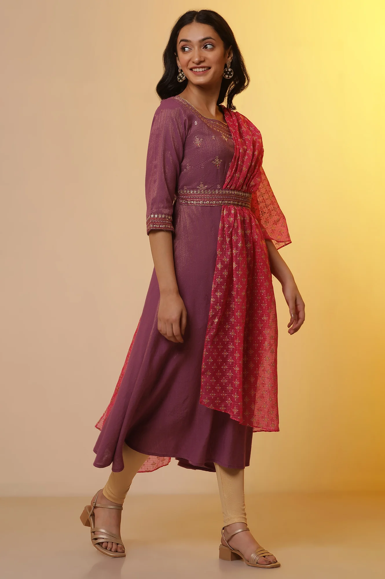 Purple Embroidered Attached Drape Kurta and Tights Set - Image 5