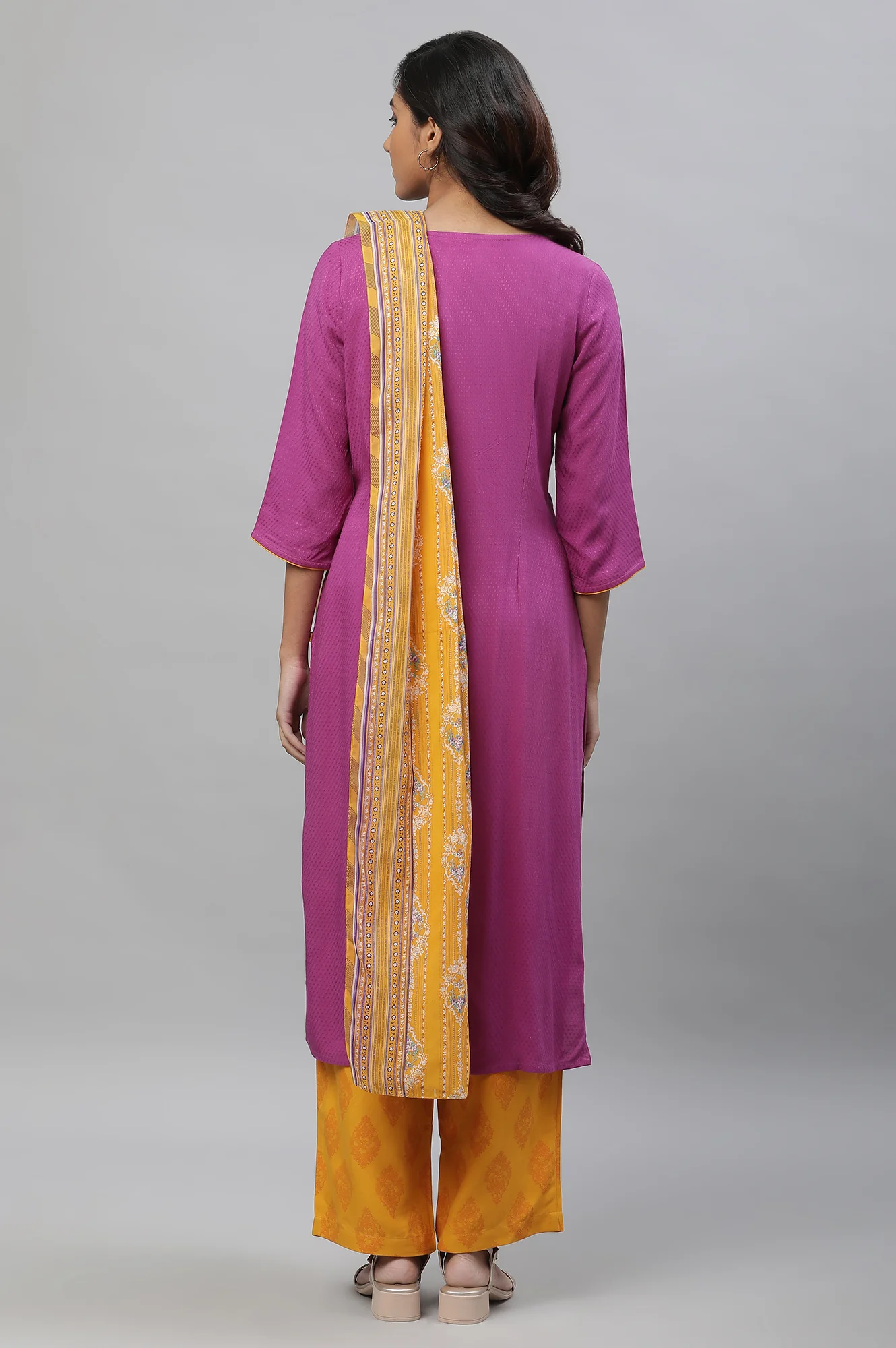 Purple Embroidered Kurta, Narrow Palazzo and Dupatta Set - Image 5