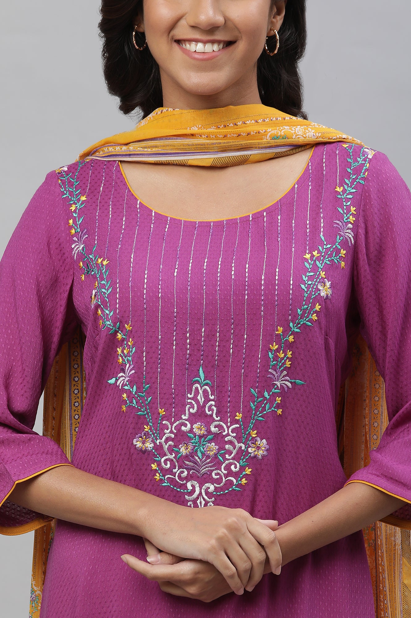 Purple Embroidered Kurta, Narrow Palazzo and Dupatta Set - Image 7