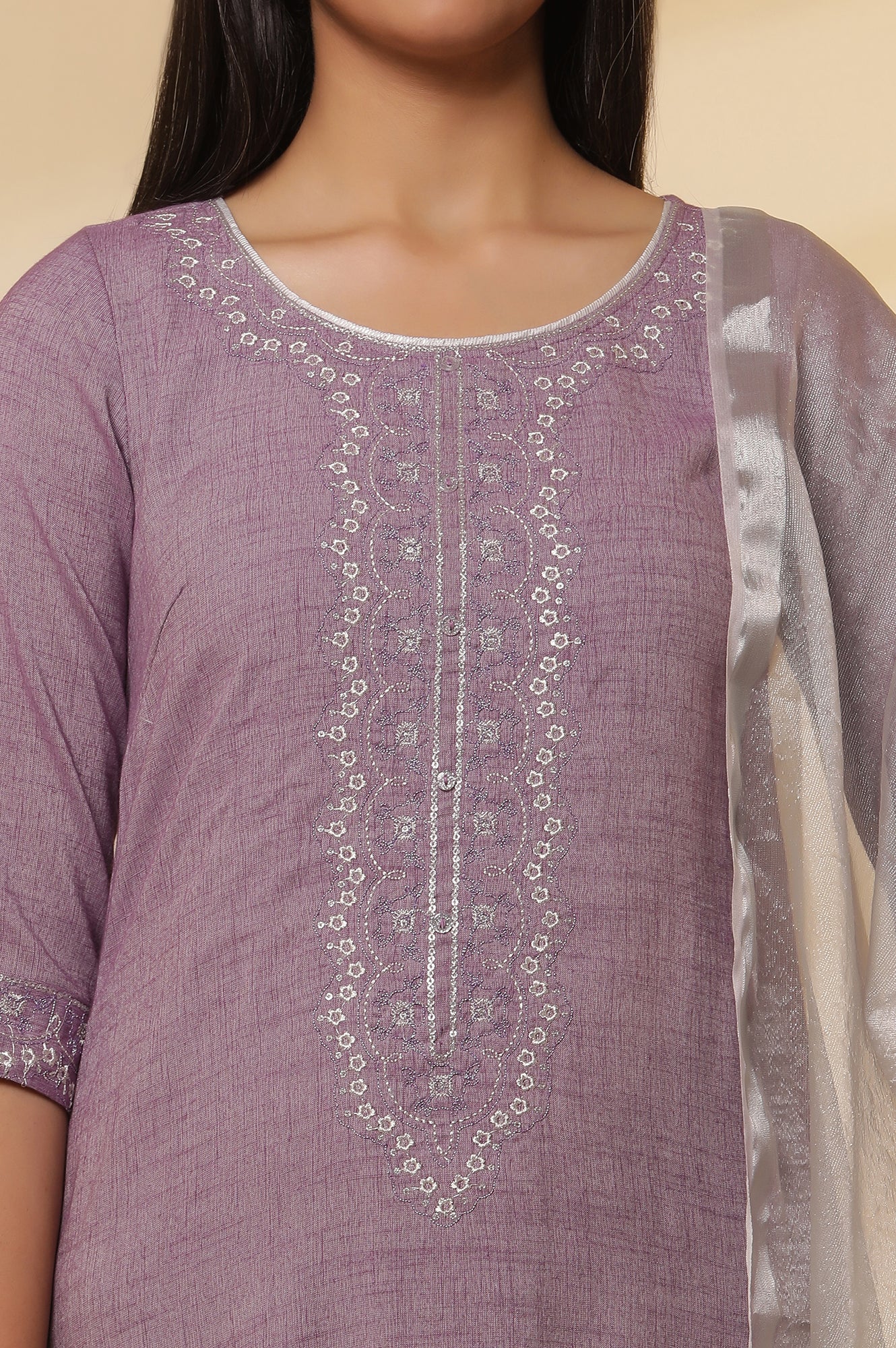 Purple Embroidered Kurta, Tights and Banarasi Dupatta Set - Image 6