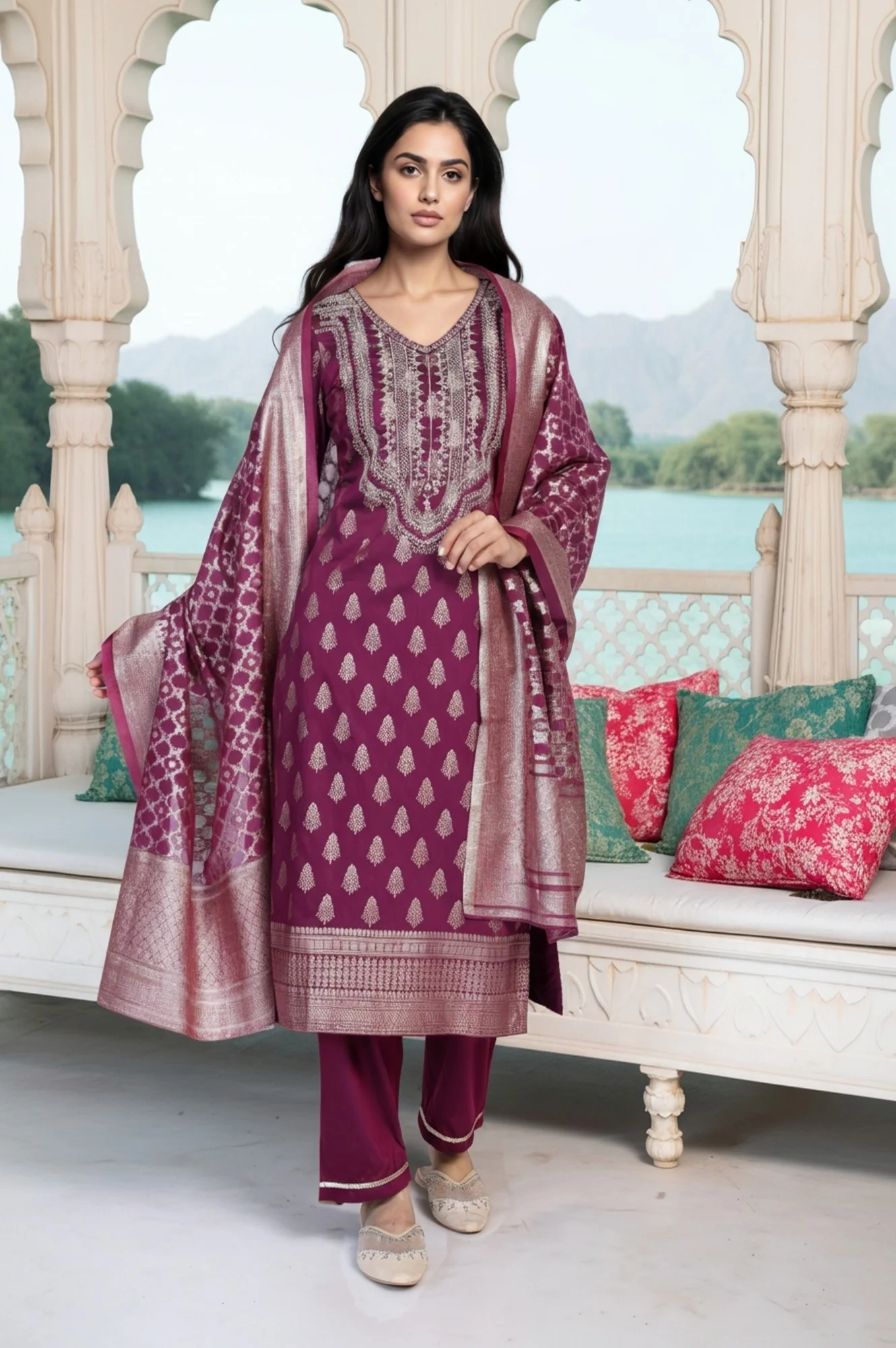 Purple Ethnic Motifs Dori Embroidery Straight Kurta with Palazzo and Dupatta Set - Image 2