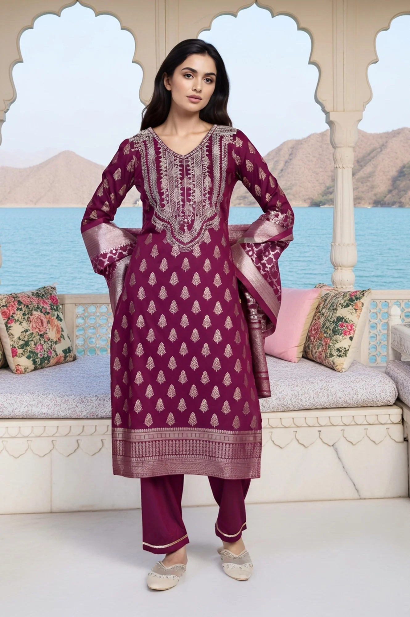 Purple Ethnic Motifs Dori Embroidery Straight Kurta with Palazzo and Dupatta Set - Image 3