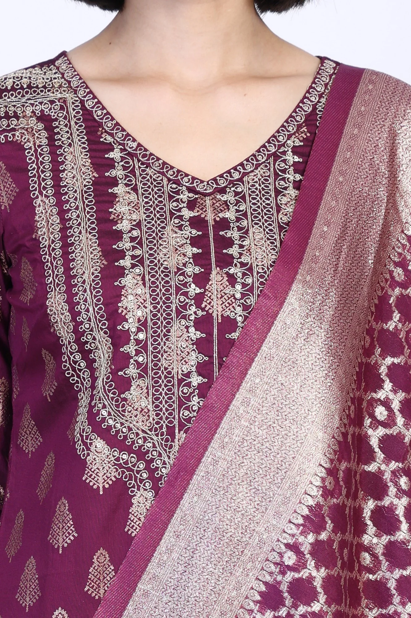 Purple Ethnic Motifs Dori Embroidery Straight Kurta with Palazzo and Dupatta Set - Image 4