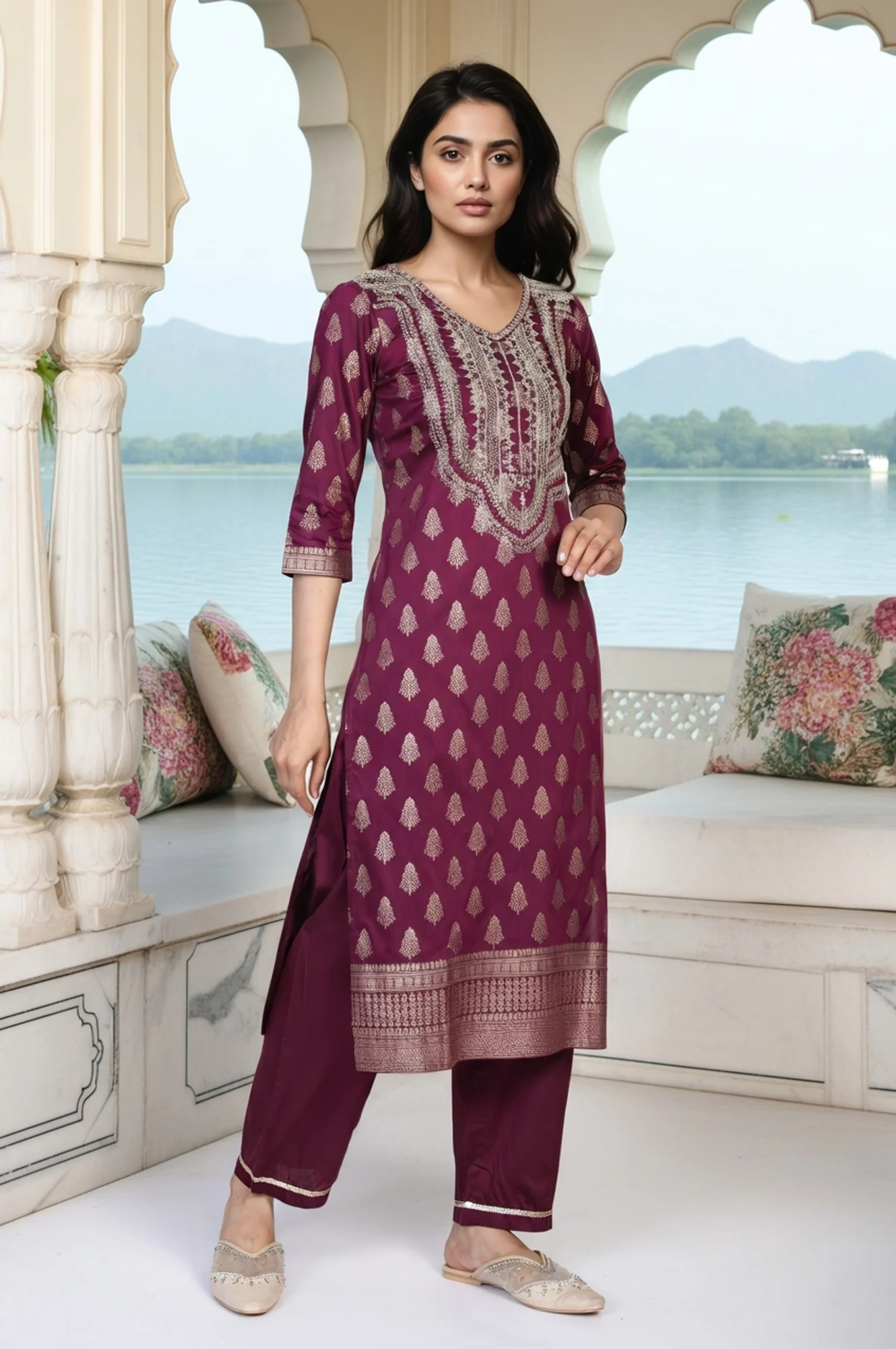 Purple Ethnic Motifs Dori Embroidery Straight Kurta with Palazzo and Dupatta Set - Image 5