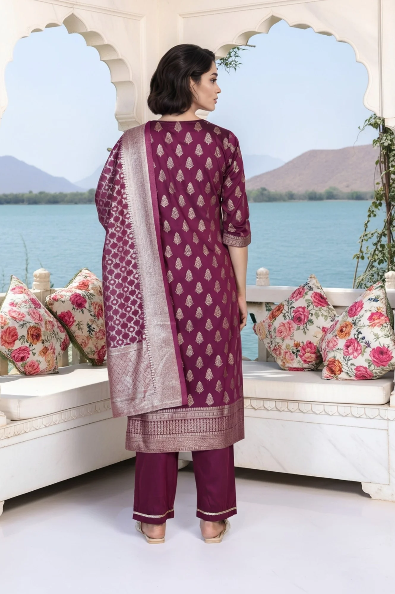Purple Ethnic Motifs Dori Embroidery Straight Kurta with Palazzo and Dupatta Set - Image 6