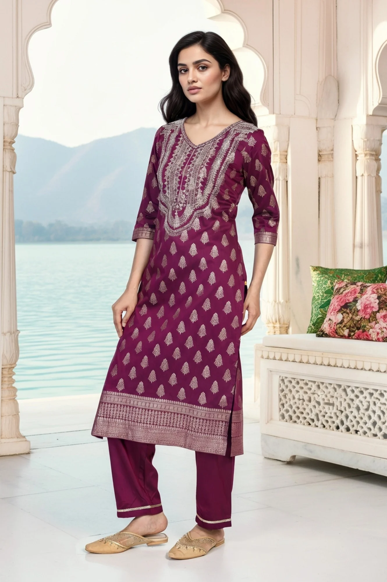 Purple Ethnic Motifs Dori Embroidery Straight Kurta with Palazzo and Dupatta Set - Image 7